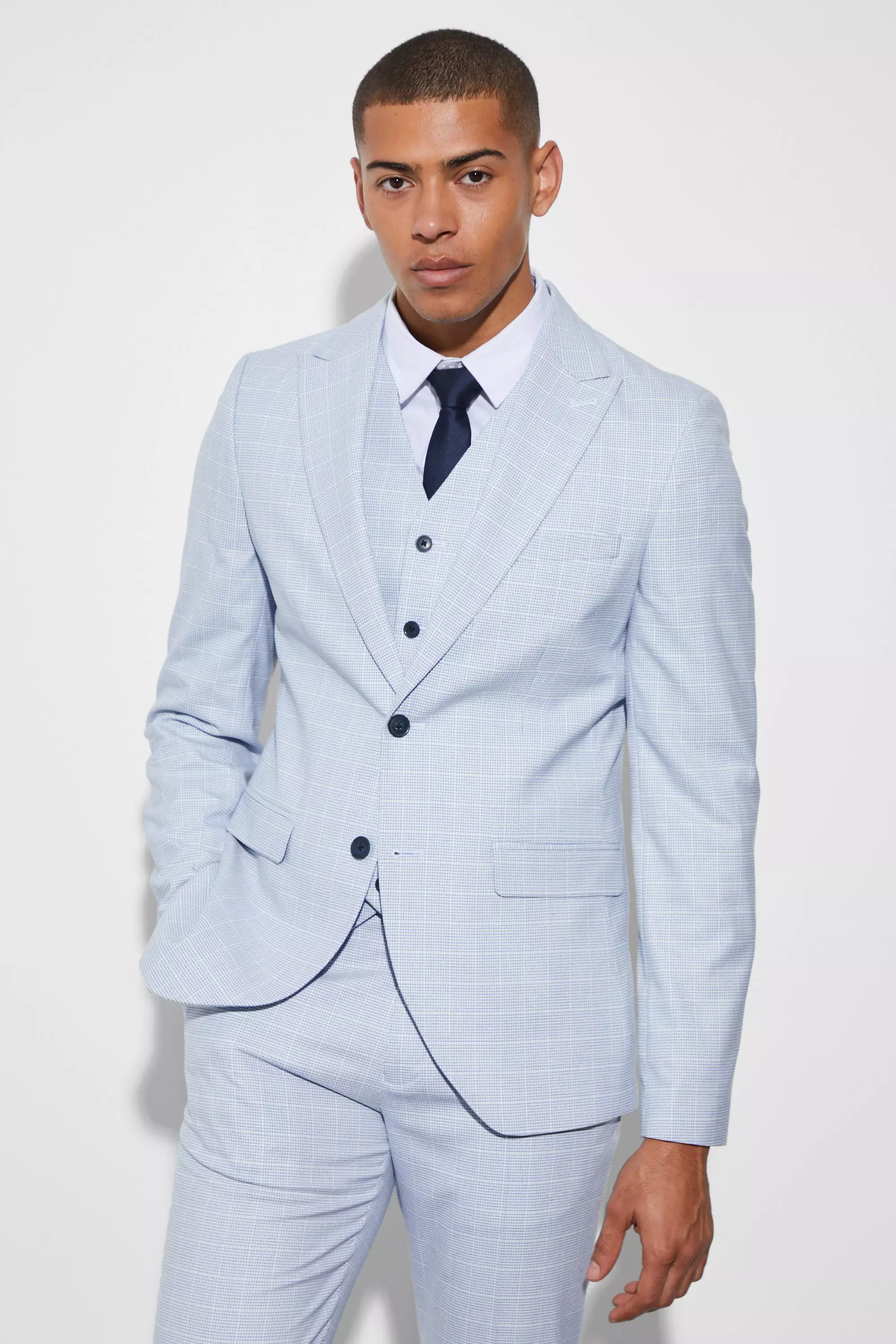 Slim Single Breasted Micro Plaid Suit Jacket Ecru