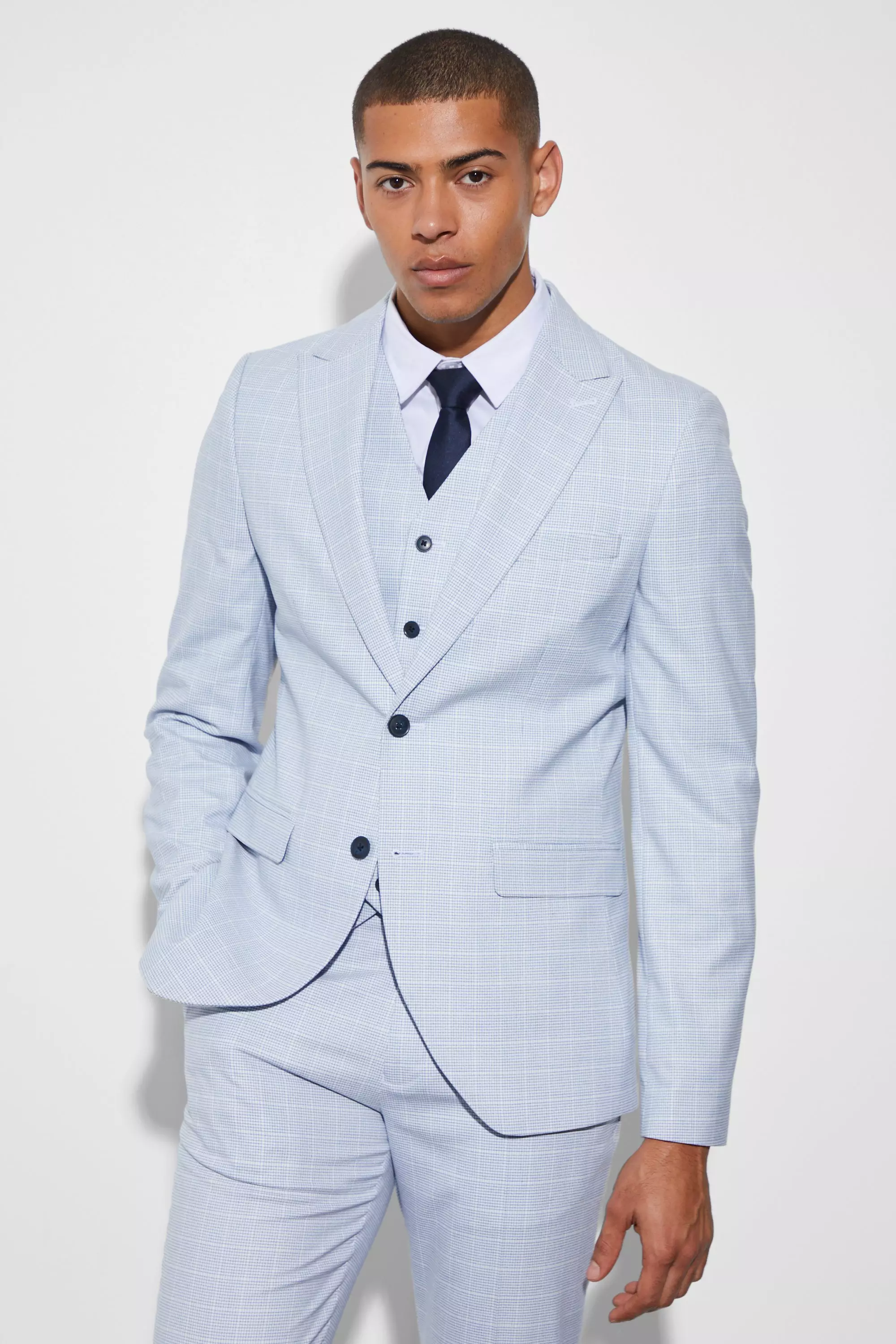 Ecru White Slim Single Breasted Micro Check Suit Jacket