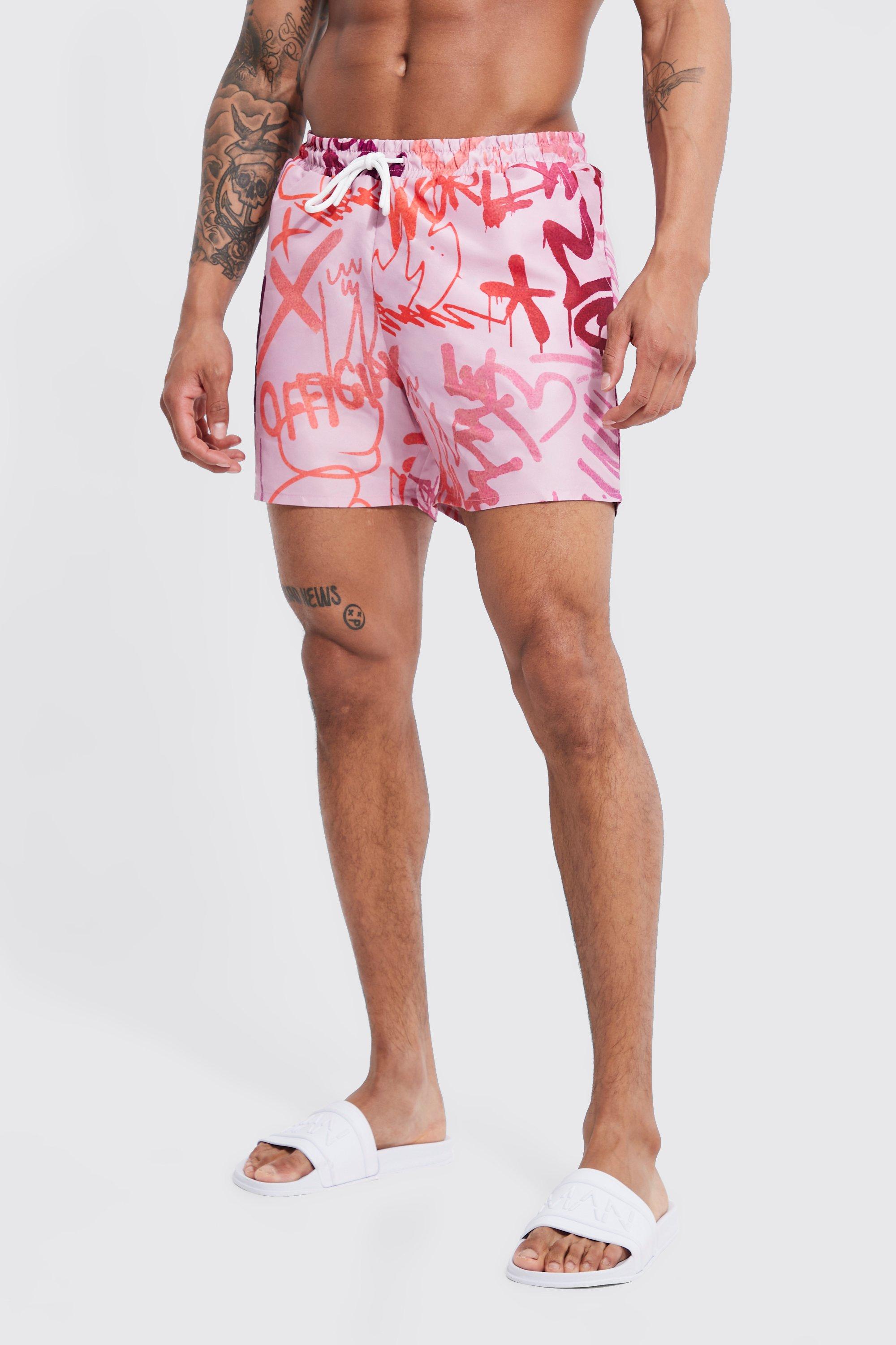 Mens Pink & White Mid-Length Swim Shorts