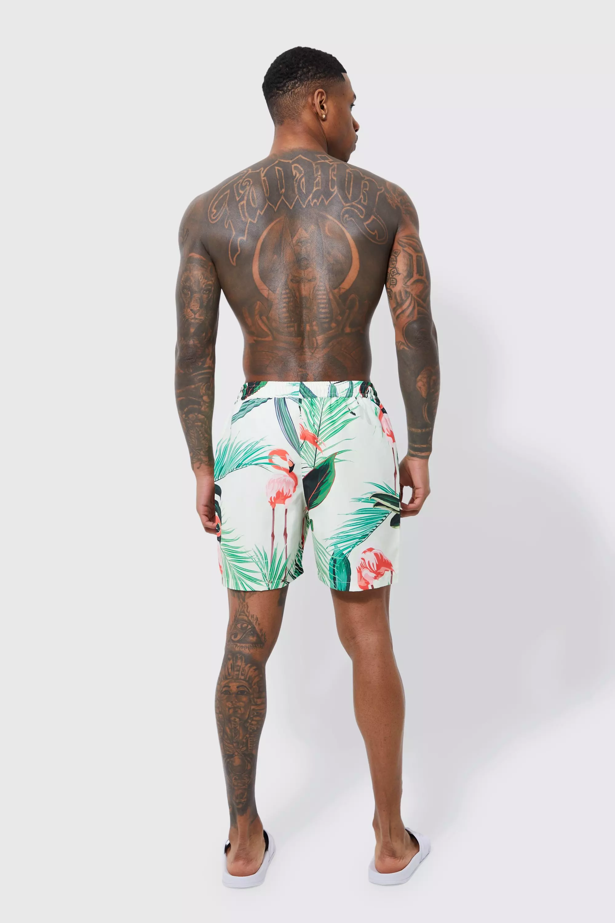 Mittellange Badehose mit Flamingo-Print, Light green alternatives Bild