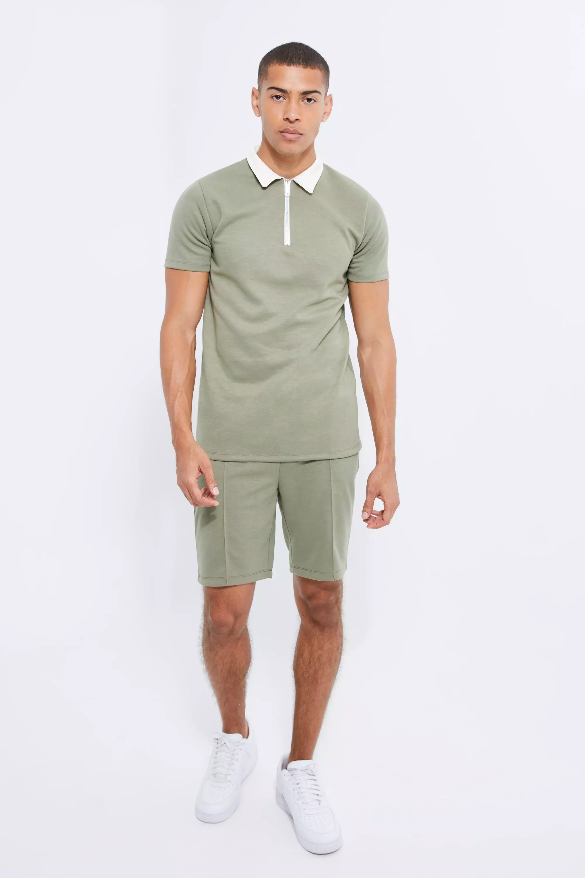 Slim Fit 1/4 Zip Polo And Short Set Olive