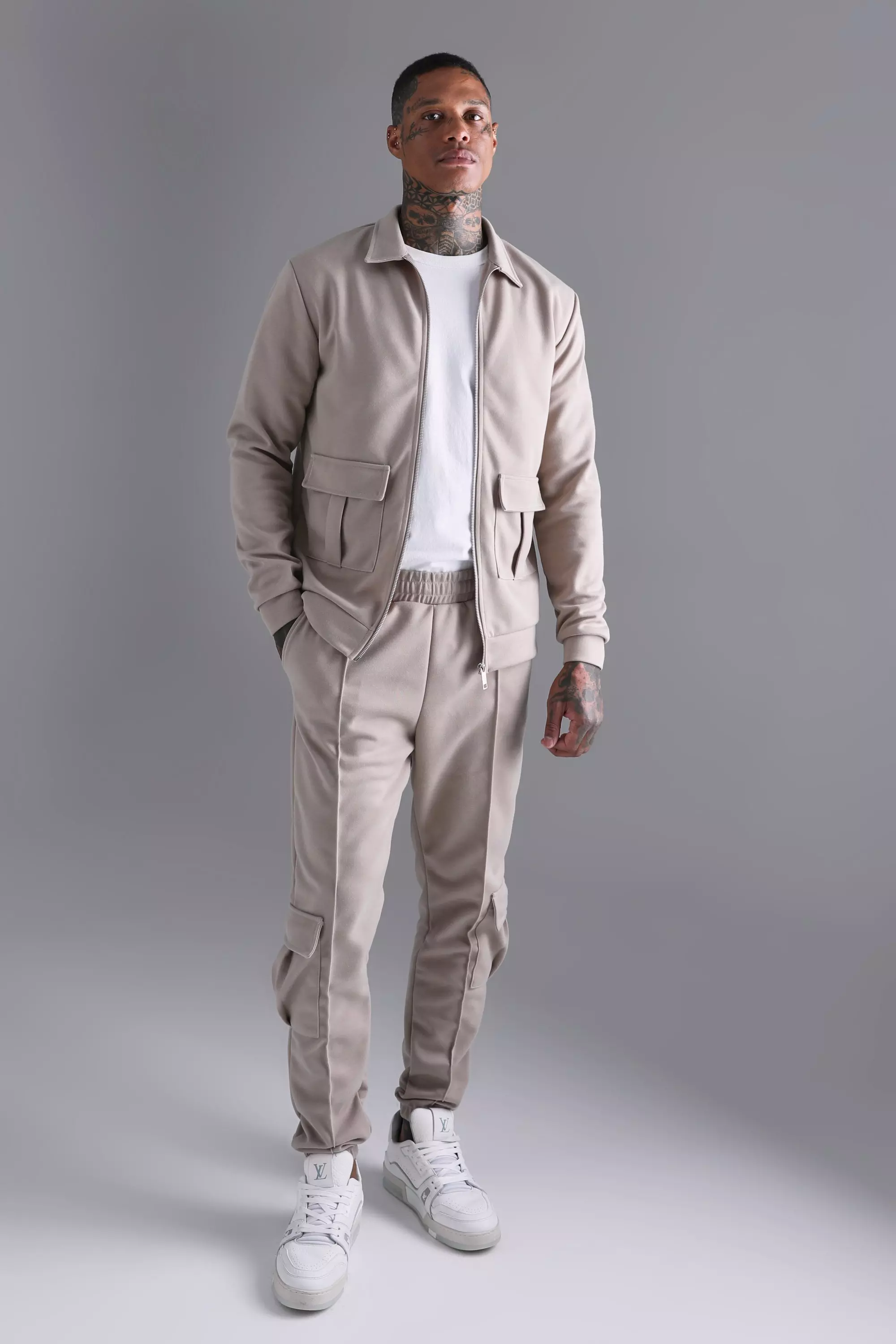 Stone Zip Through Cargo Harrington And Jogger Set alternative image