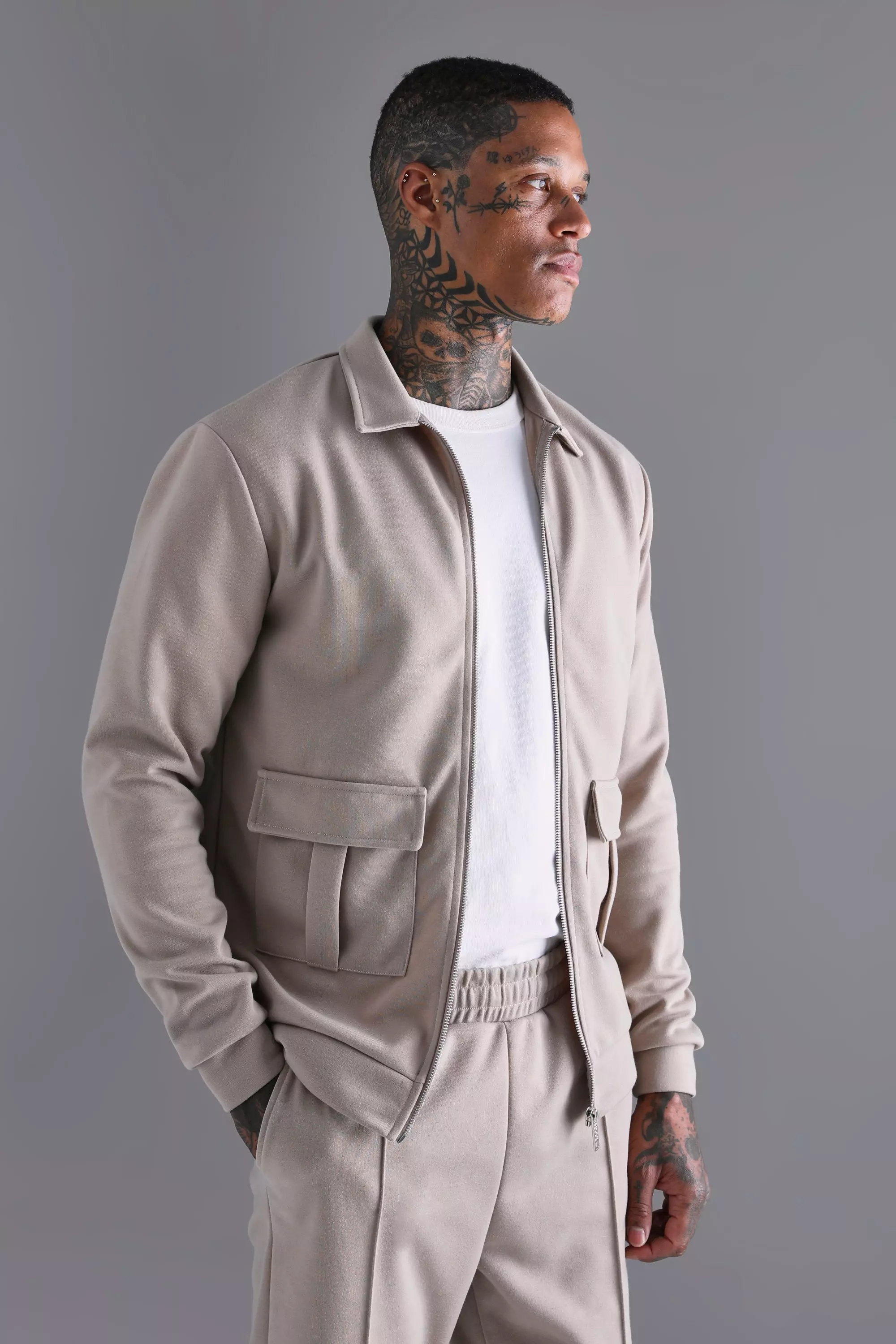 Stone Zip Through Cargo Harrington And Jogger Set alternative image