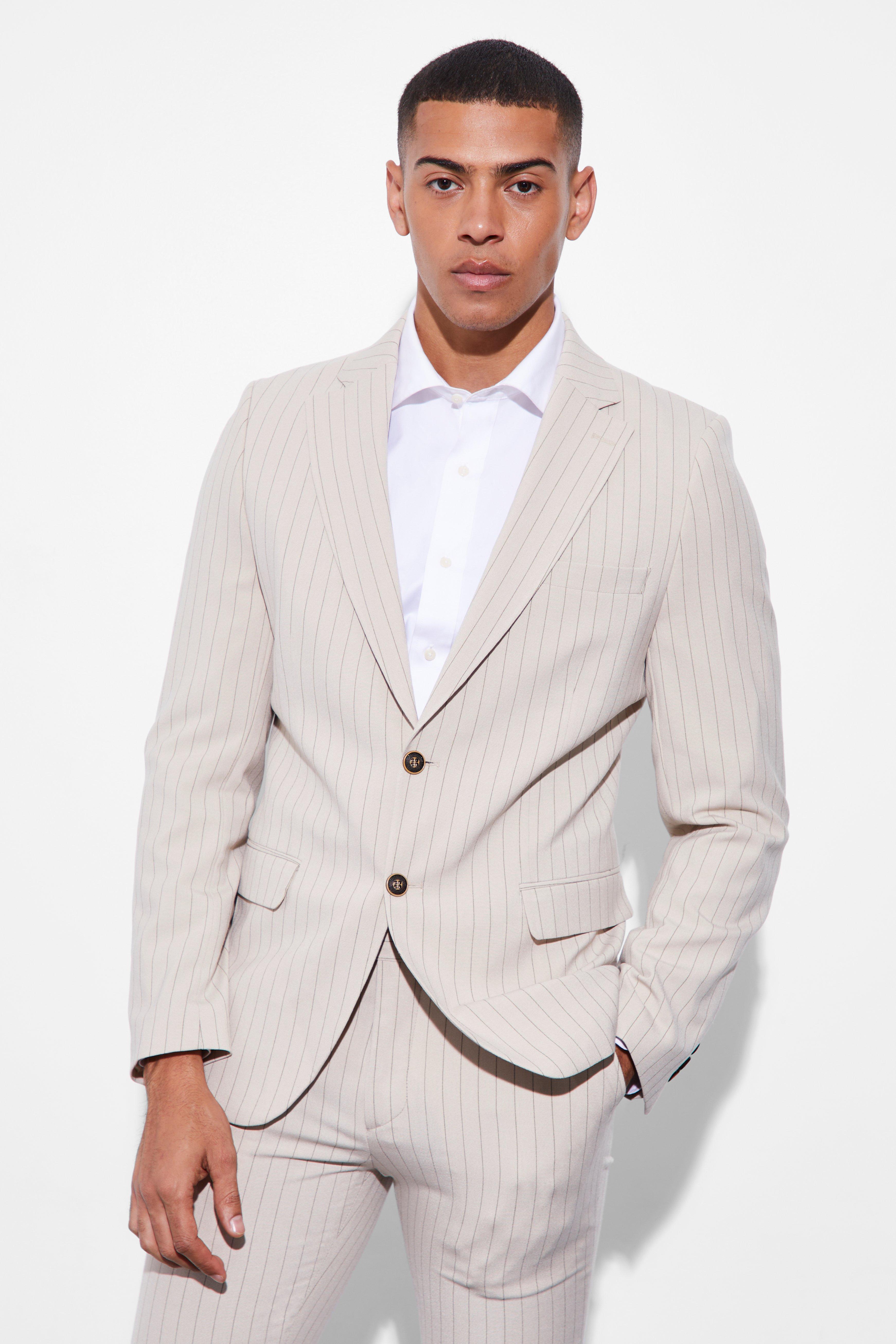 Beige Skinny Single Breasted Striped Suit Jacket