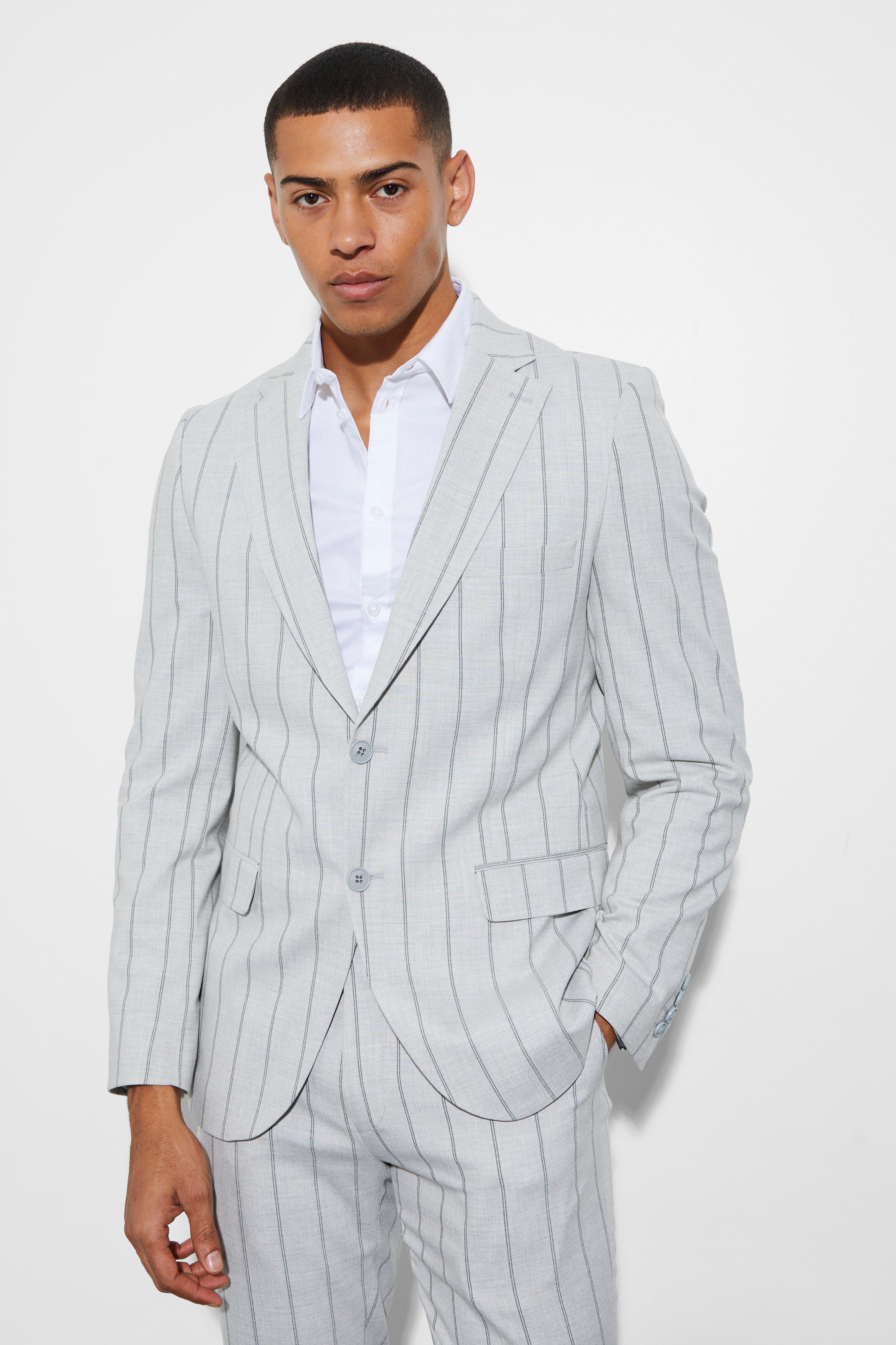 Light grey Slim Single Breasted Striped Suit Jacket