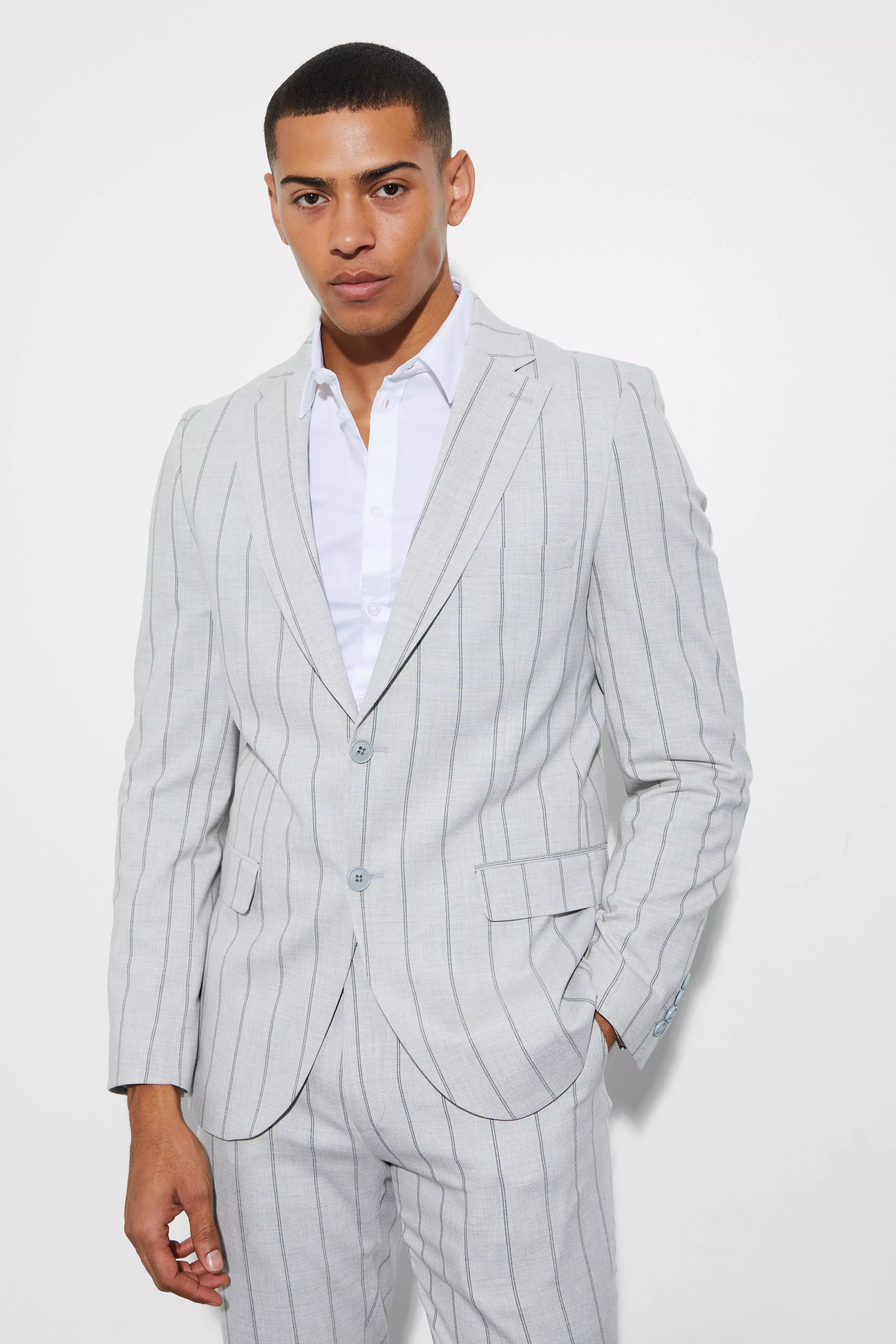 Slim Single Breasted Striped Suit Jacket Light grey