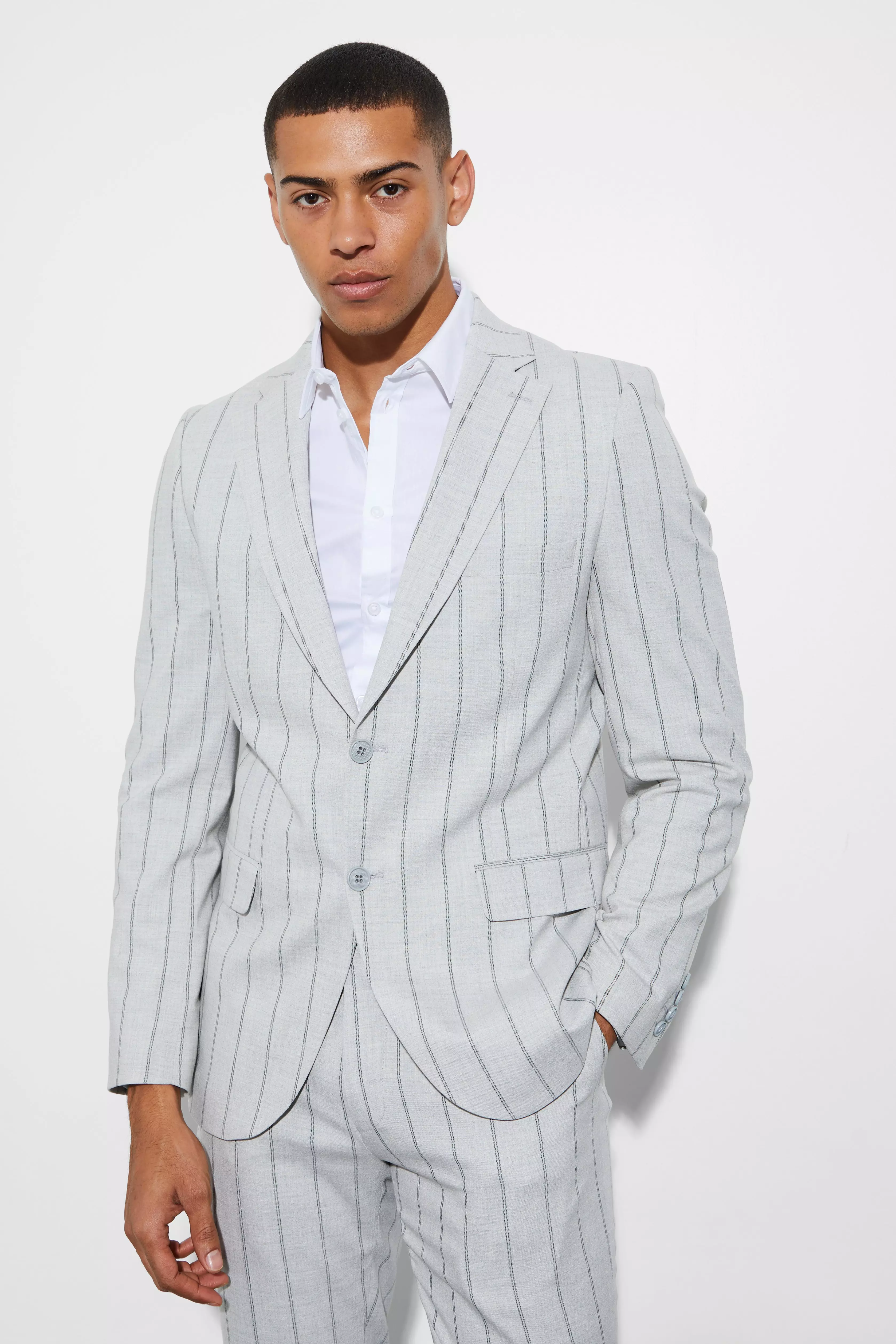 Light grey Slim Single Breasted Striped Suit Jacket alternative image