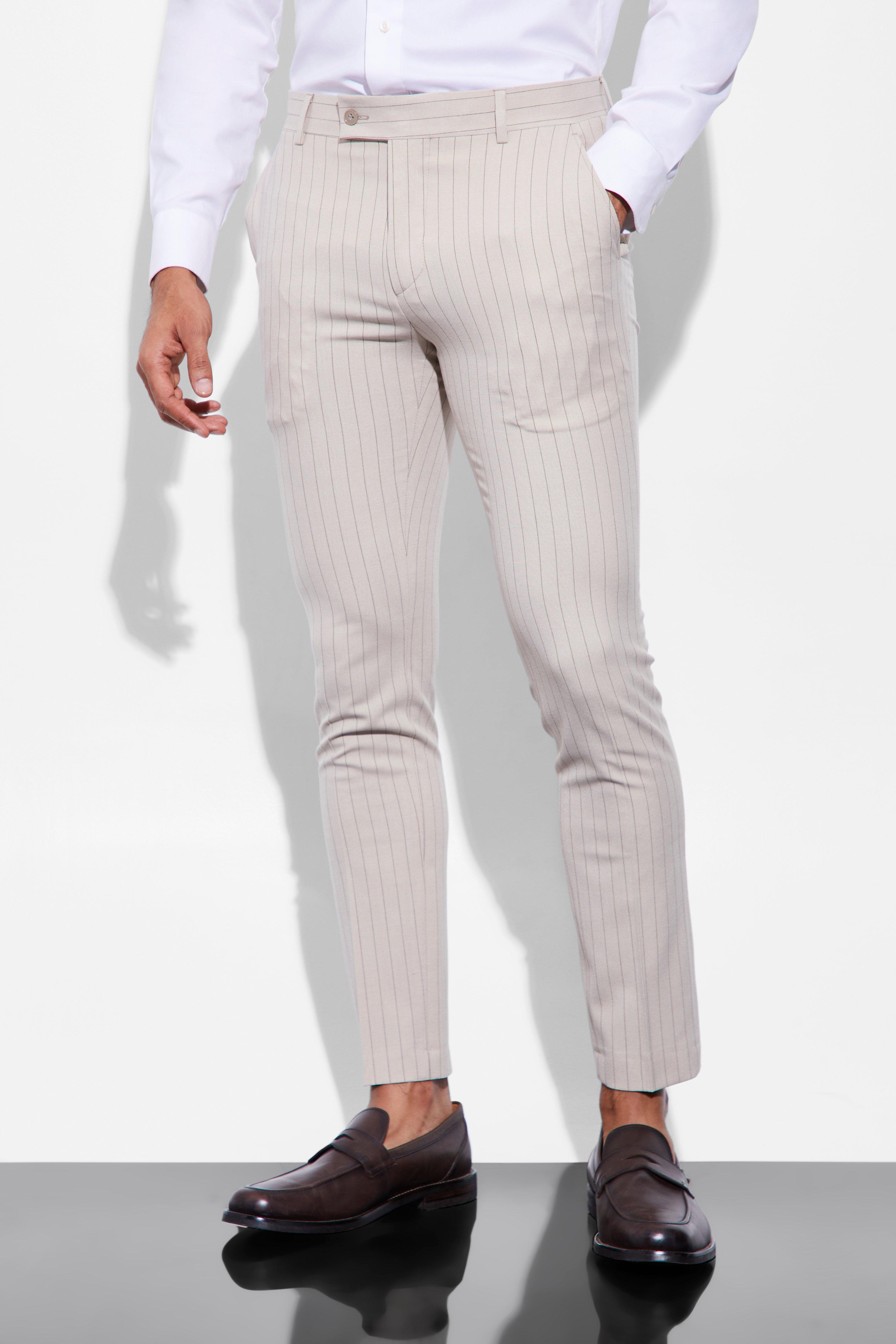 Beige Skinny Striped Suit Pants