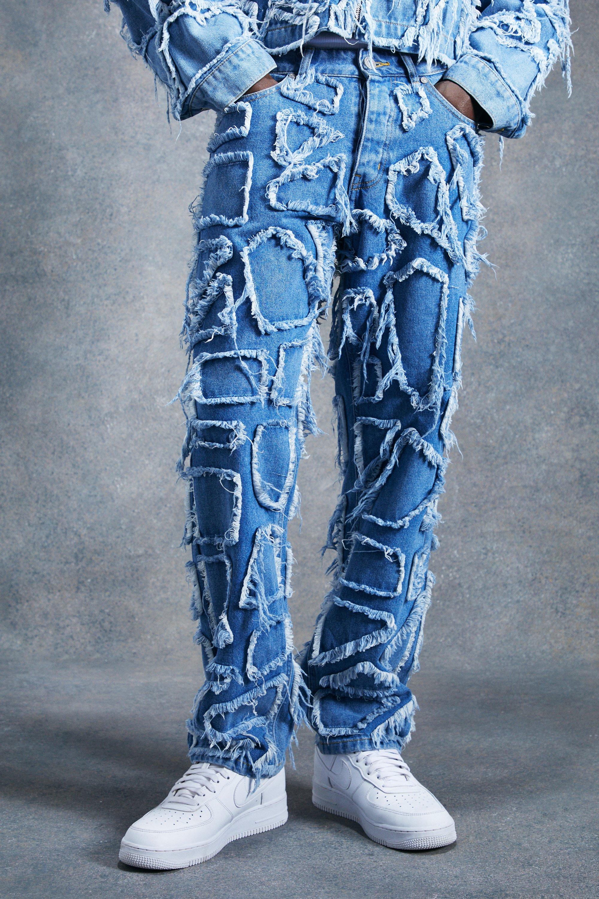 Relaxed Frayed Edge Patchwork Jeans