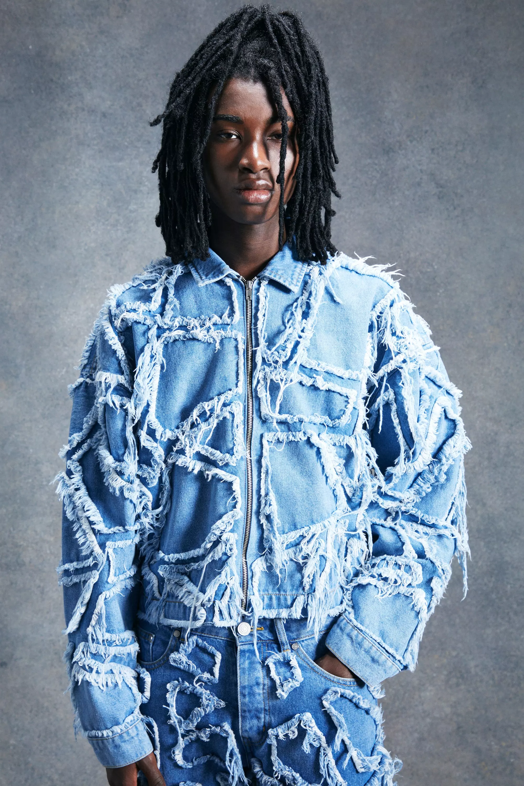 Men's Patchwork Denim Zip Jacket In Blue Washed/white