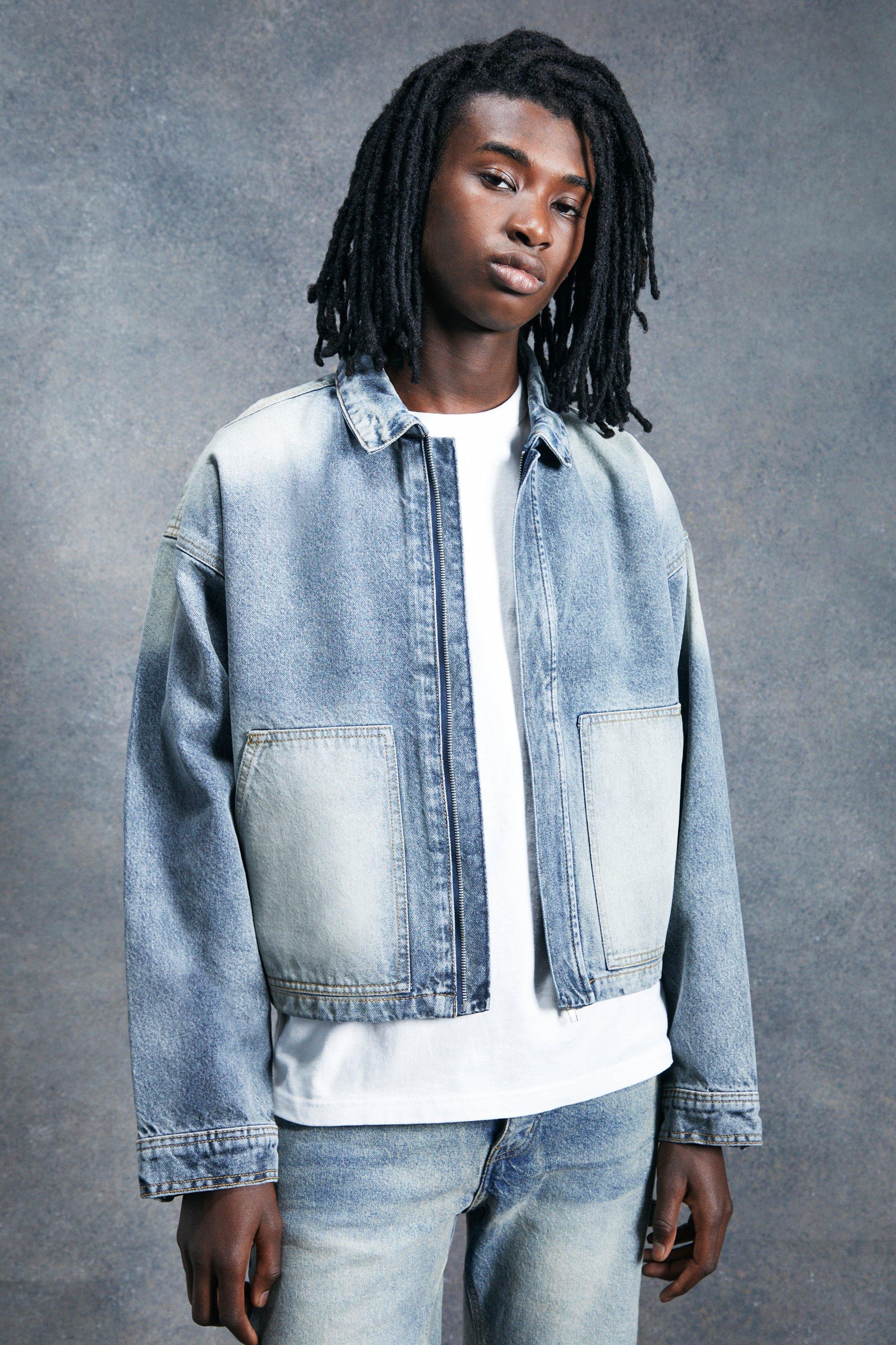 Antique wash Boxy Fit Acid Wash Zip Down Jean Jacket