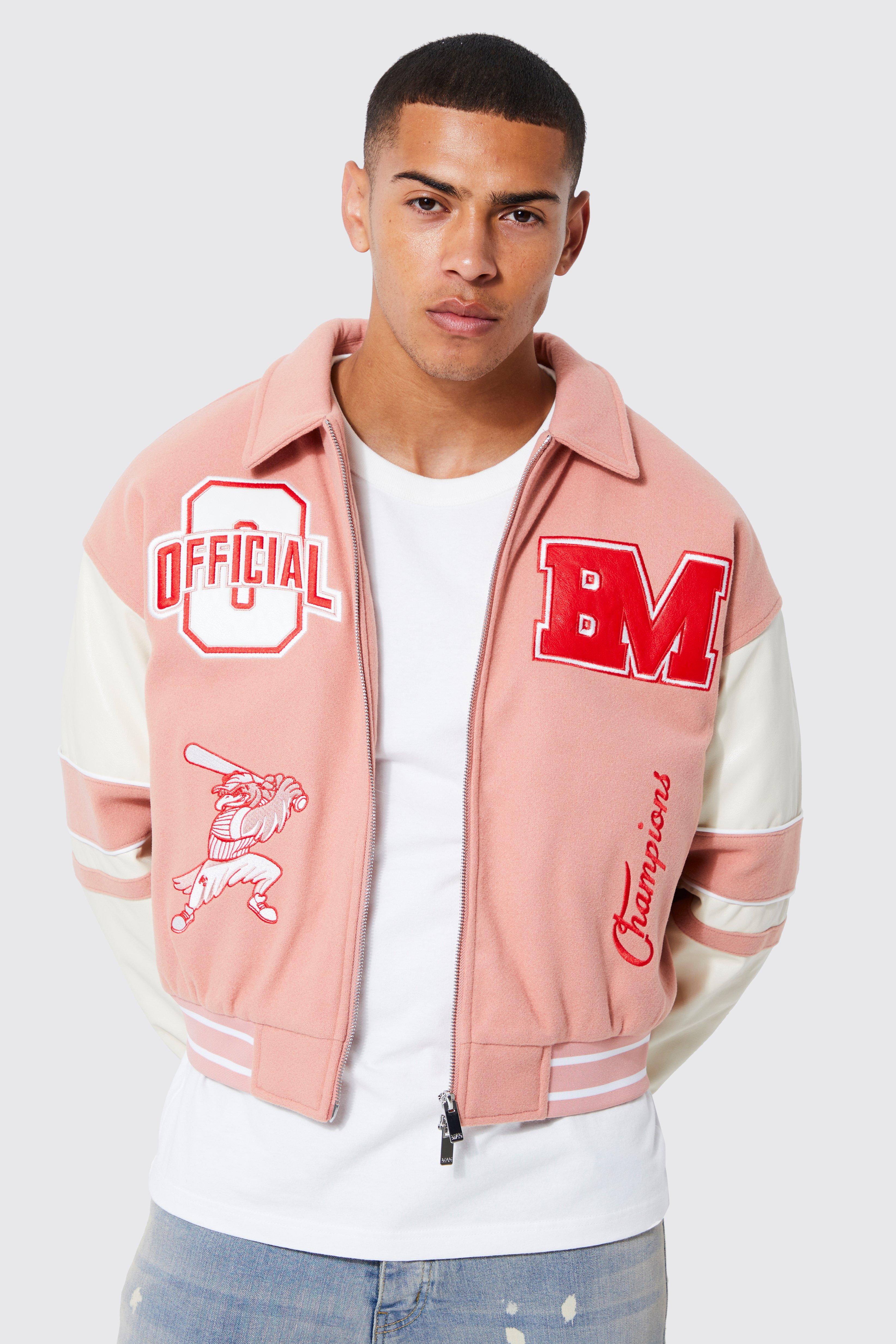 boohooMAN Boxy Melton Varsity Jacket - Cream - Size XL