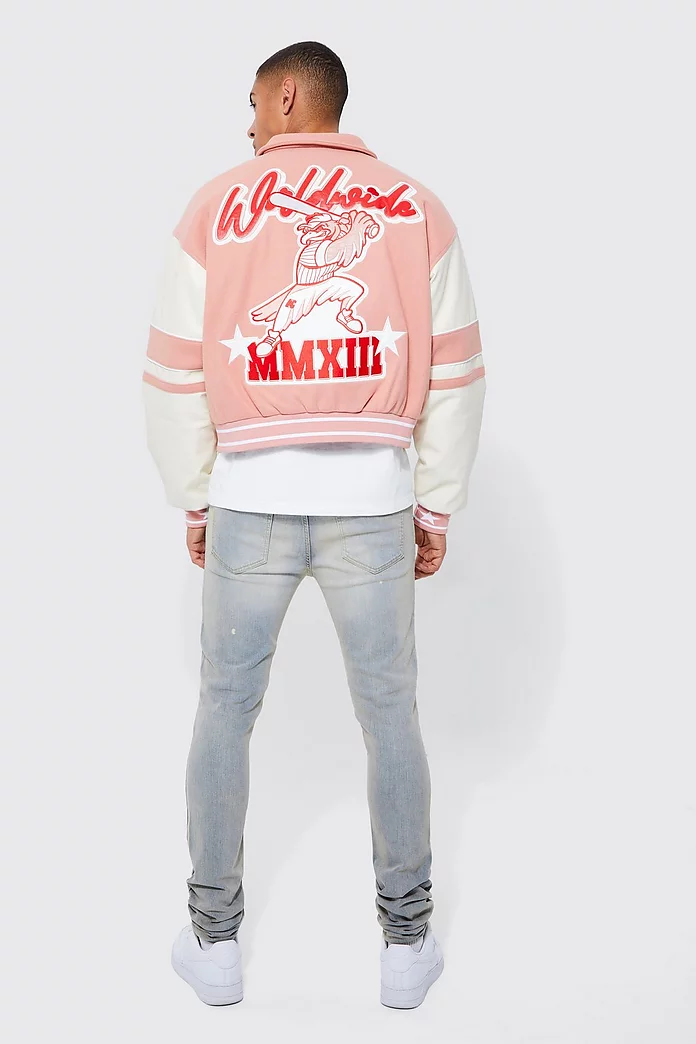 Boxy Worldwide Melton Varsity Jacket | boohooMAN USA Boxy Worldwide Melton Varsity Jacket | boohooMAN USA