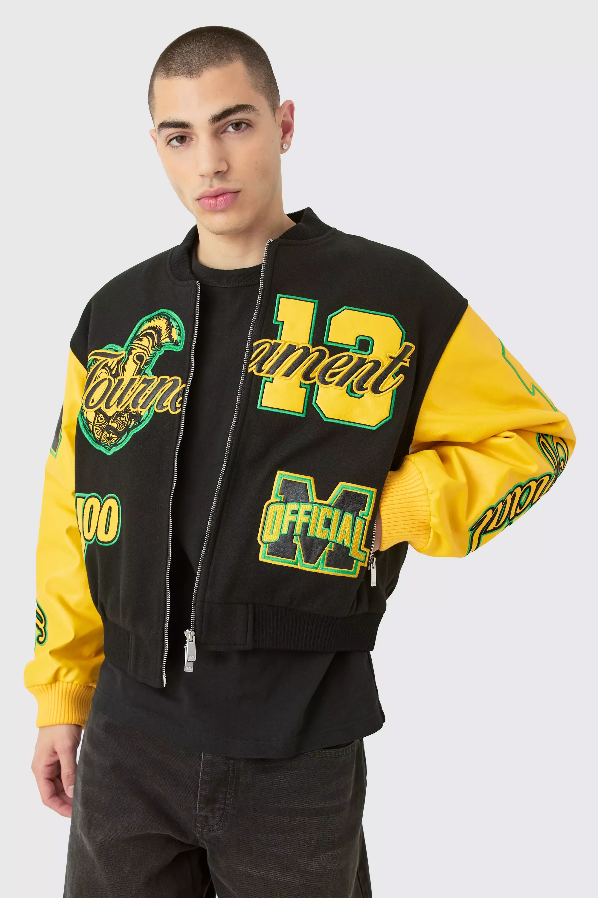 Boxy Official Melton Varsity Jacket | boohooMAN USA