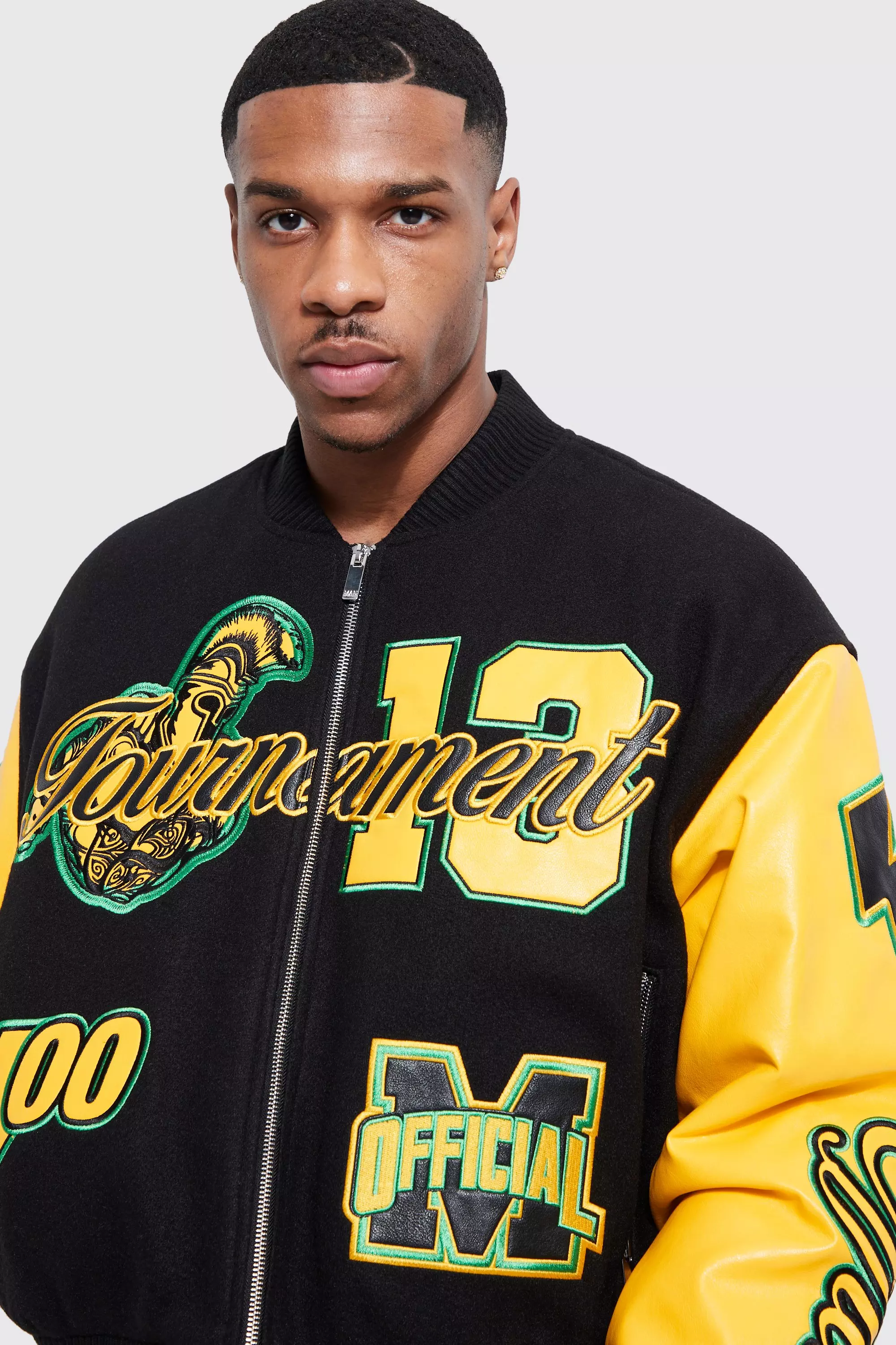 Boxy Official Melton Varsity Jacket | boohooMAN USA