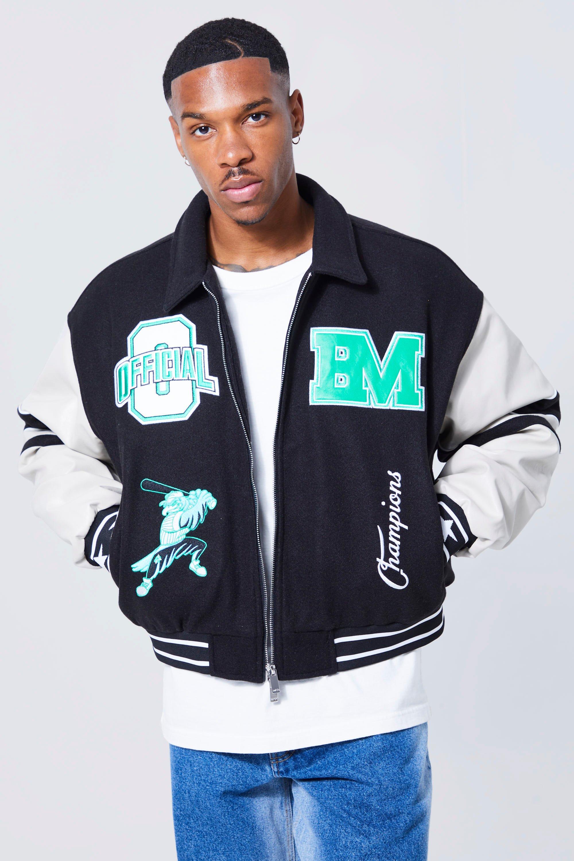 Boxy Worldwide Melton Varsity Jacket | boohooMAN USA