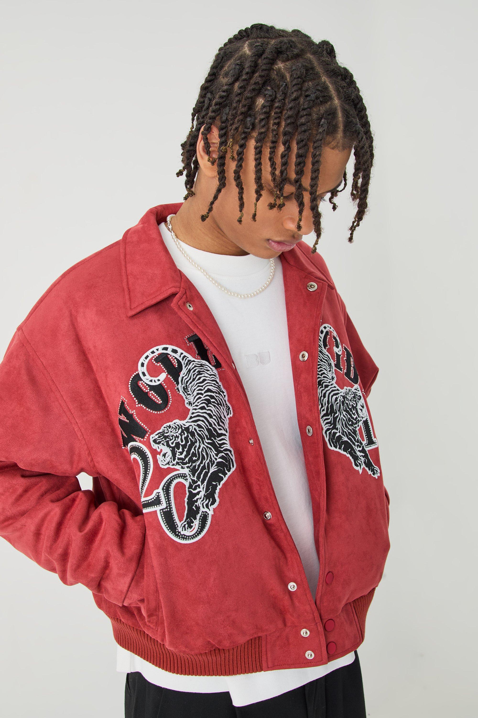 Boxy Suede Embroidered Varsity Jacket | boohooMAN USA