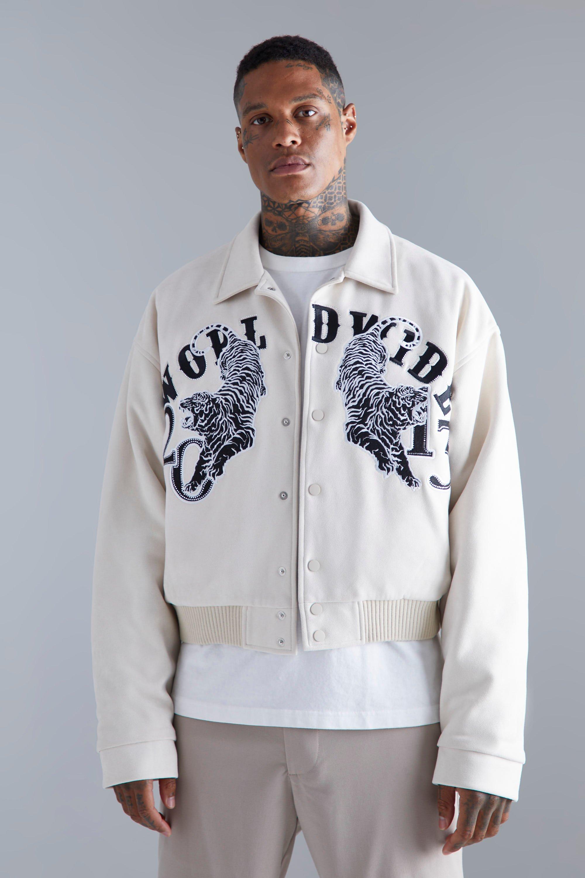 Boxy Suede Embroidered Varsity Jacket | boohooMAN USA