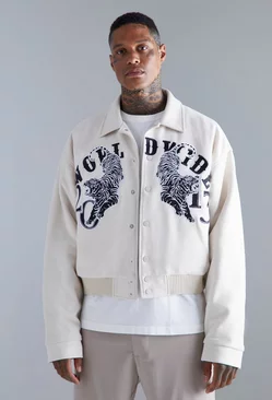 Ecru White Boxy Suede Embroidered Varsity Jacket