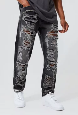 Ash Grey Straight Rigid Extreme Rip Gusset Detail Jean