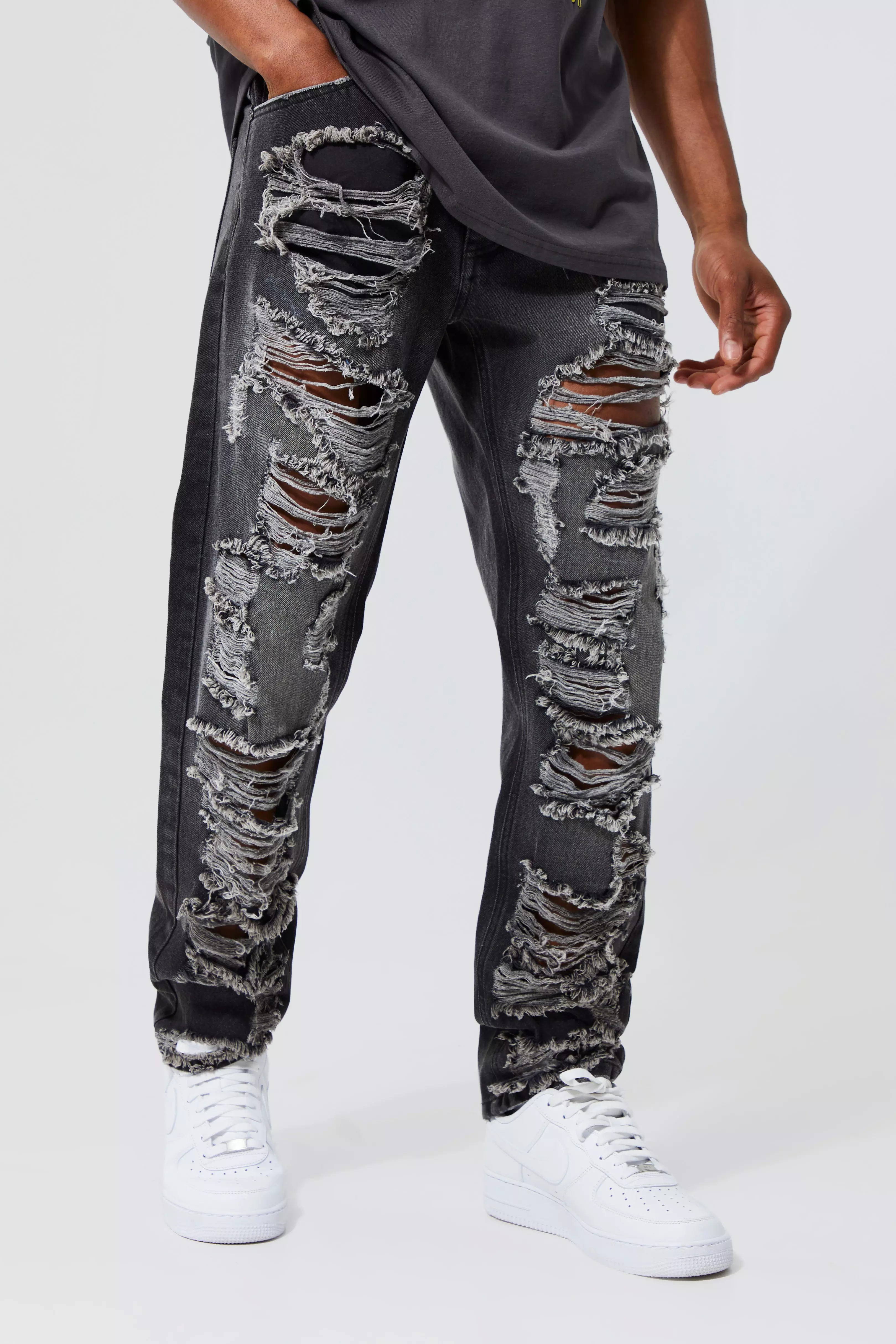 Straight Rigid Extreme Rip Gusset Detail Jean Washed black