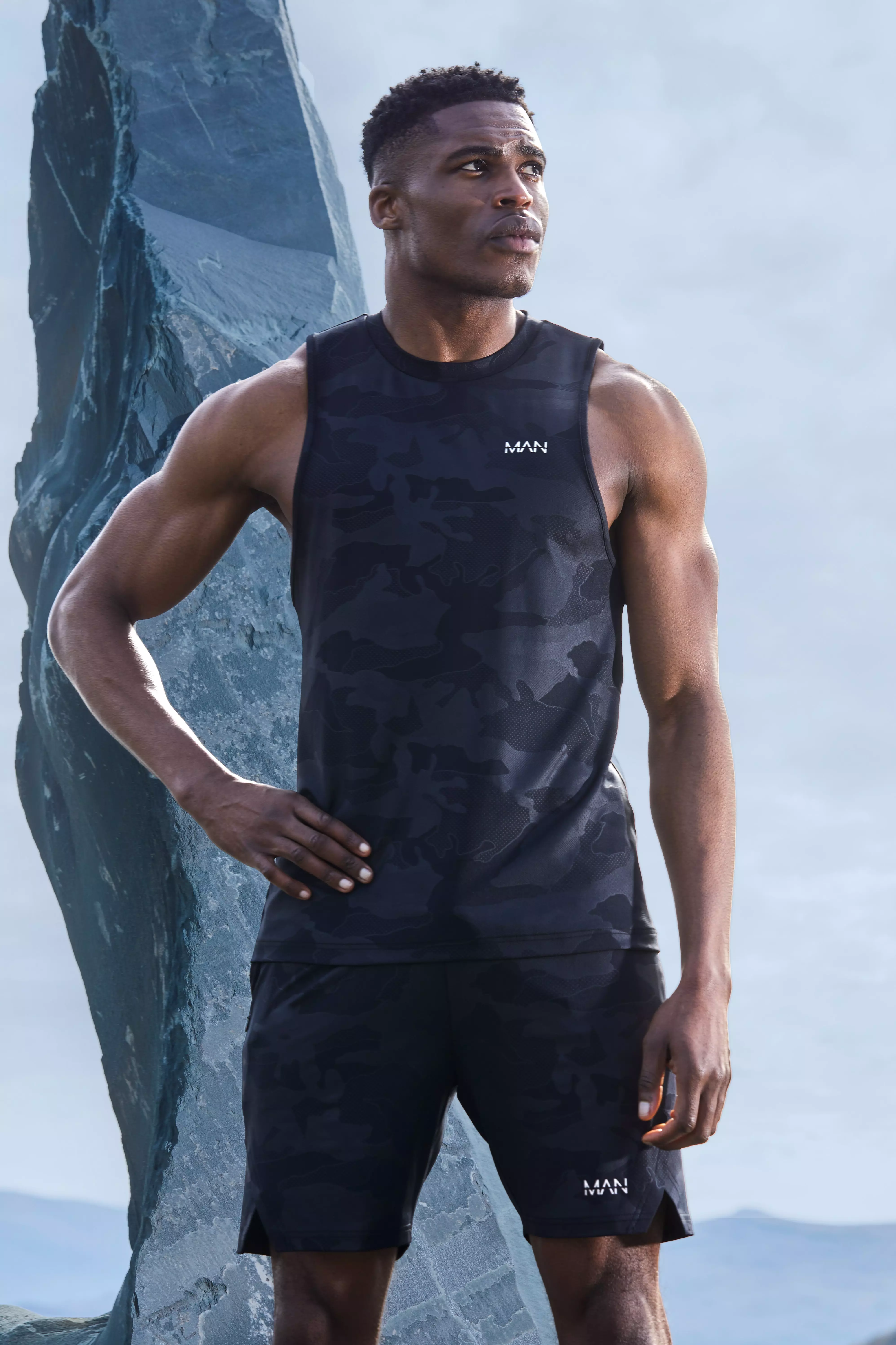 Black Man Active Camo Racer Performance Tank