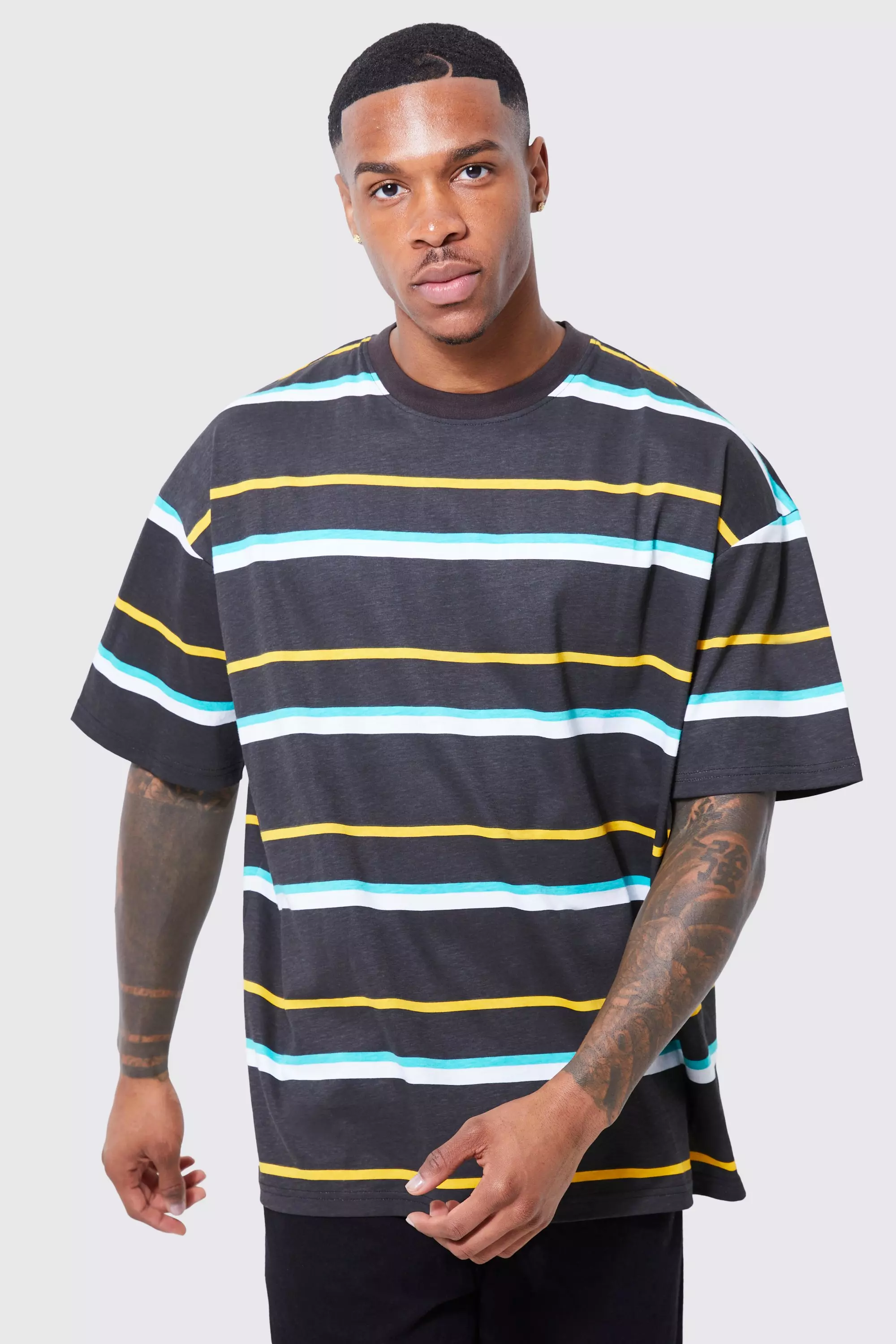 Oversized Man Signature Stripe T-shirt Charcoal