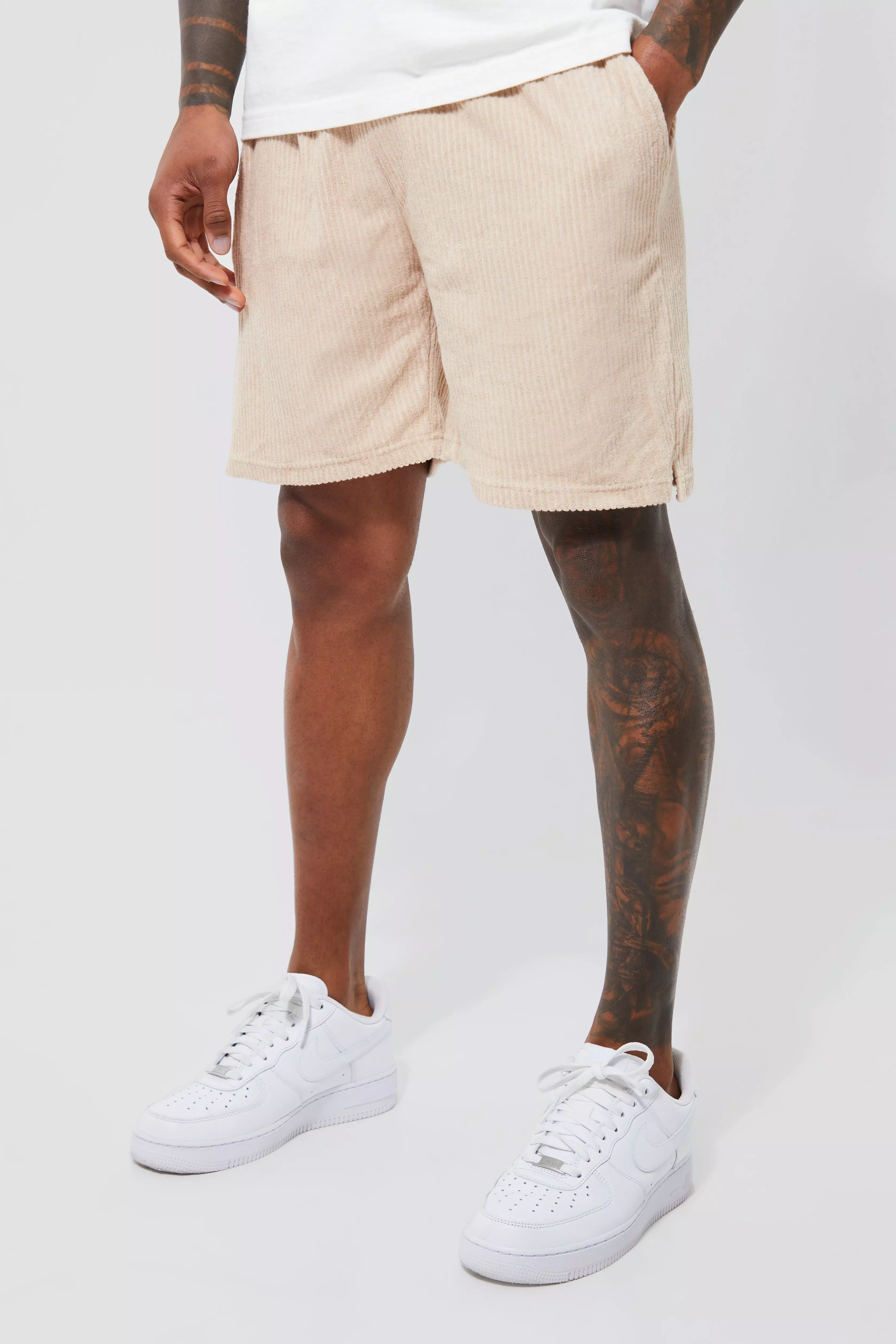 Loose Fit Ribbed Towelling Shorts Stone