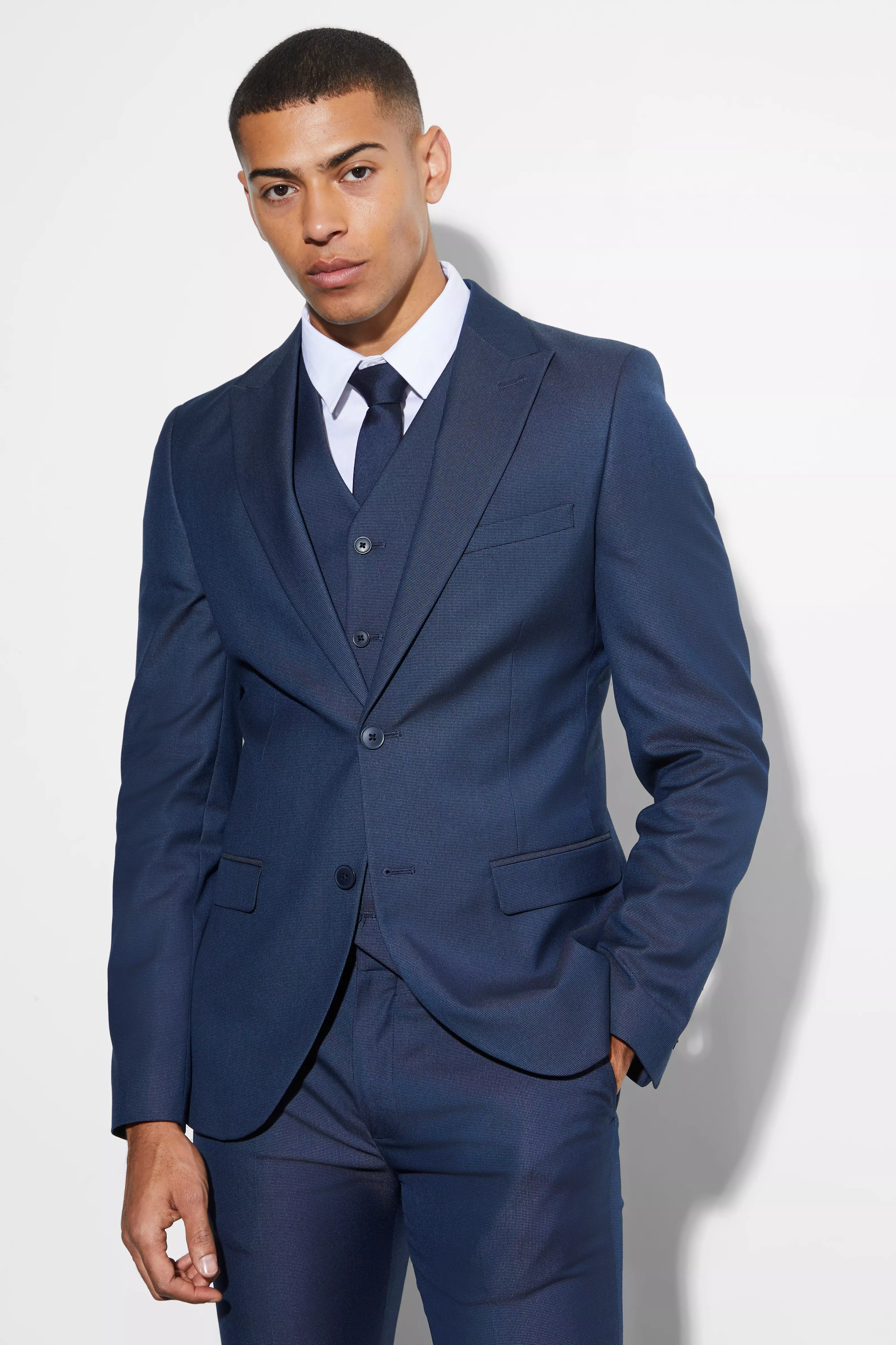Skinny Single Breasted Pique Suit Jacket Navy