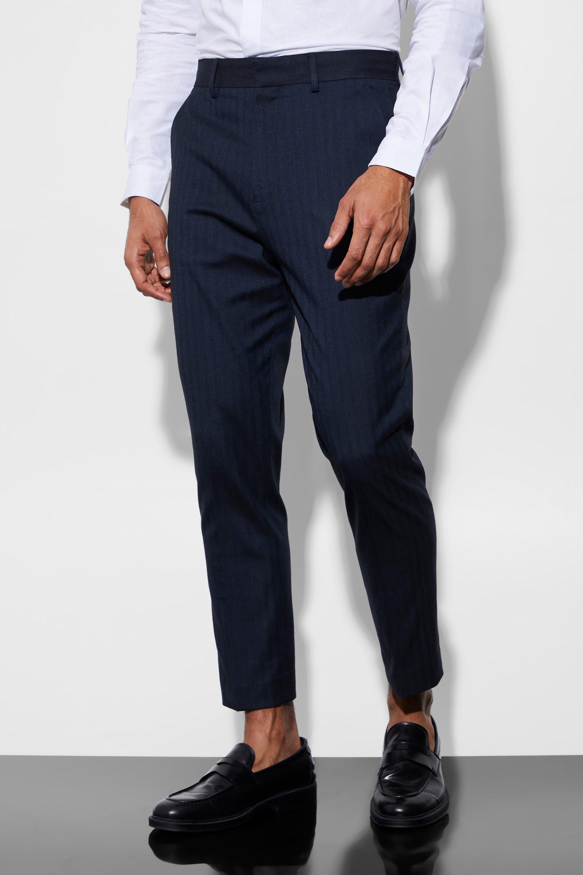 Navy Toelopende Herringbone Pantalons