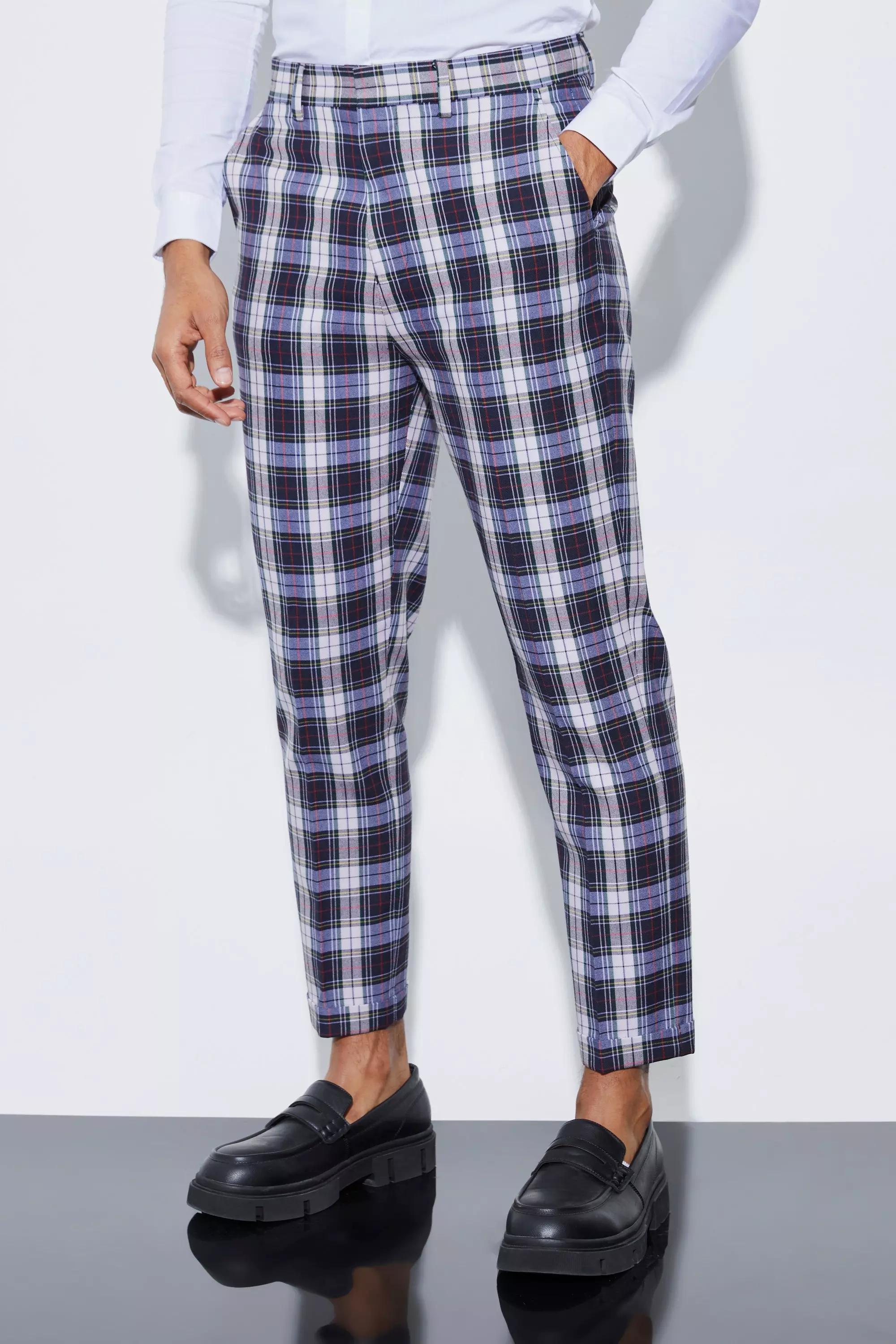 Navy Tapered Tartan Turn Up Hem Pants