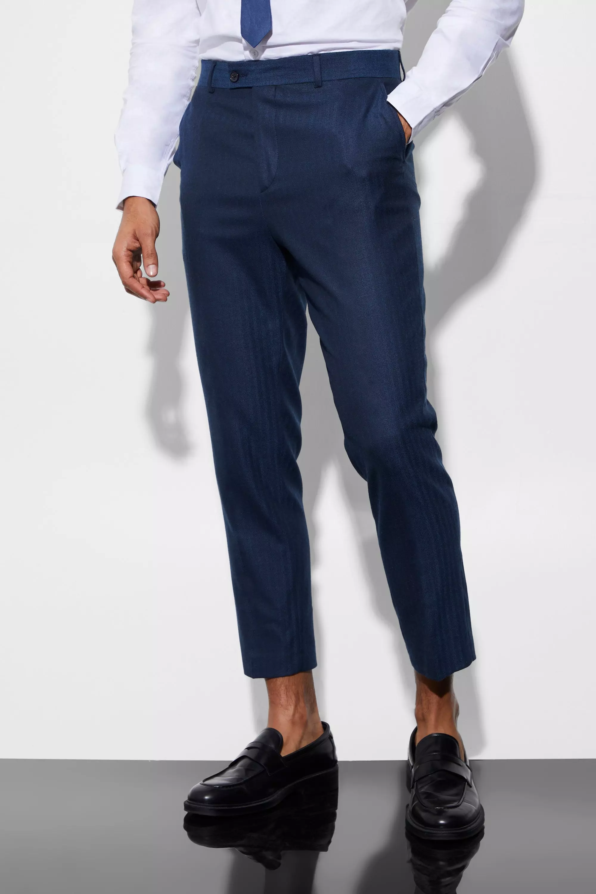 Tapered Herringbone Suit Pants Navy