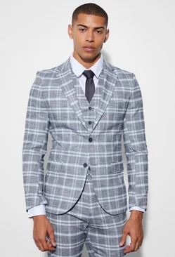 Grey Super Skinny Single Breast Check Suit Jacket