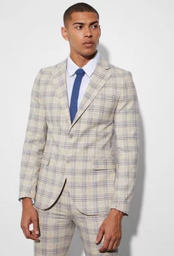 Skinny Single Breasted Check Suit Jacket Beige