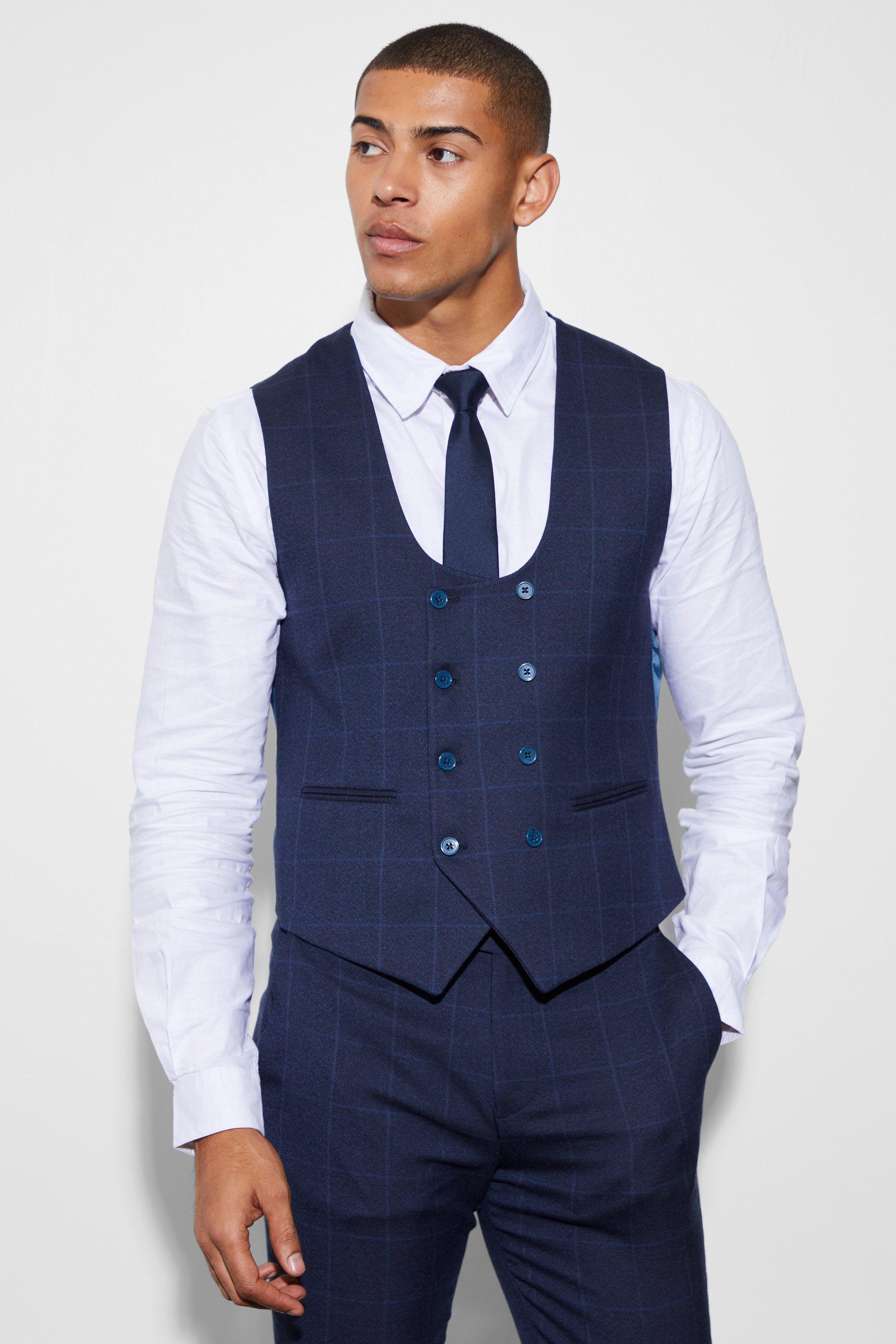 Navy Slim Double Breasted Windowpane Waistcoat