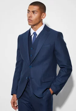 Slim Single Breasted Herringbone Suit Jacket Navy
