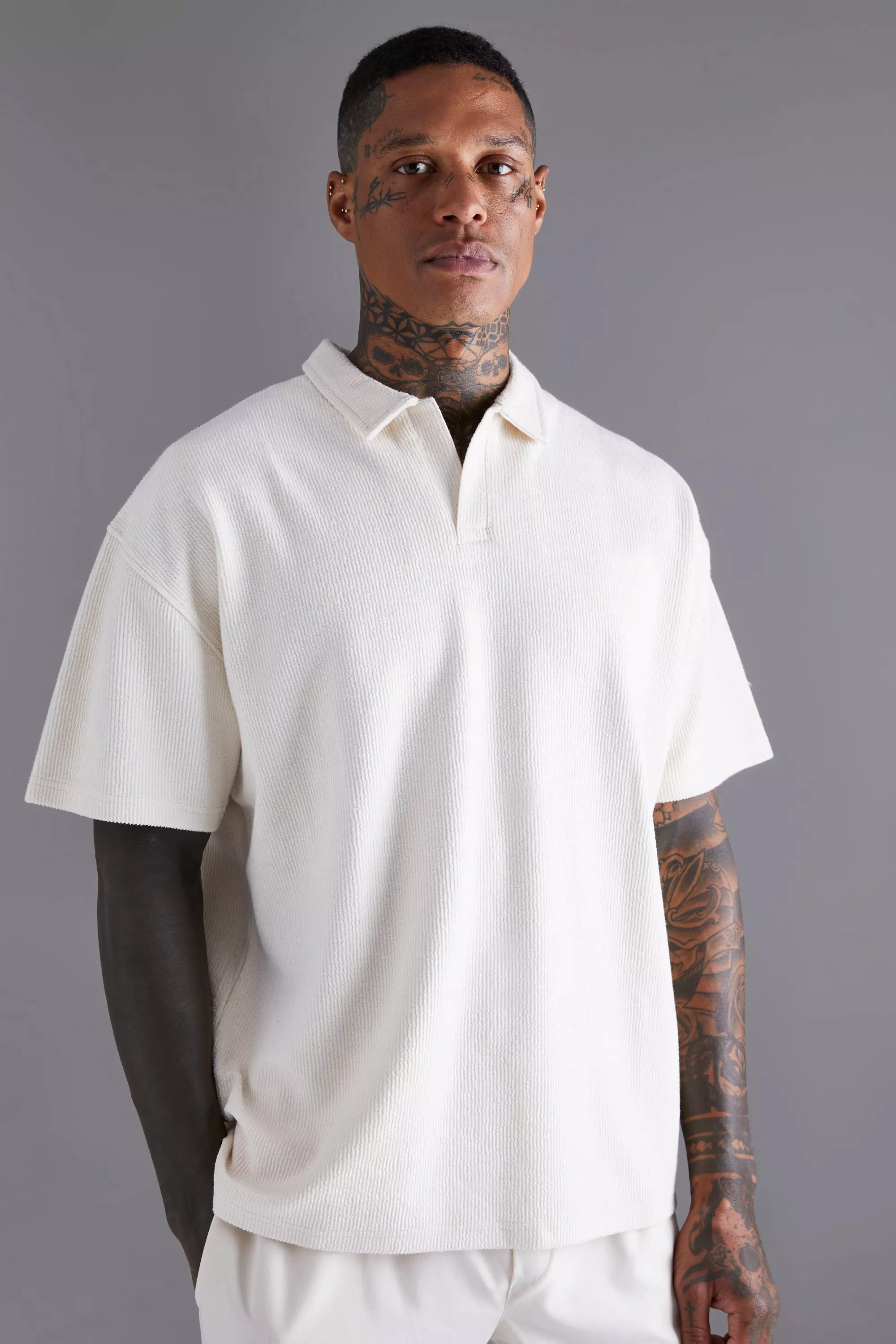 boohooMAN Collarless Slim Fit Zip Polo