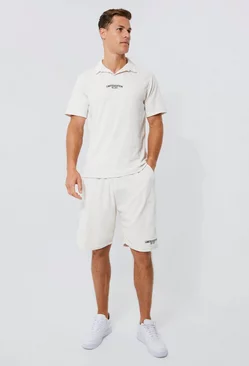 Tall Embroidered Towelling Polo And Short Set Ecru