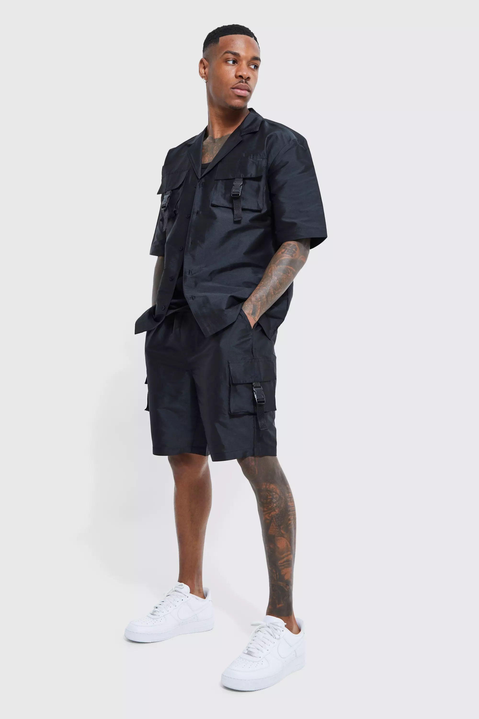 Short Sleeve Revere Utility Shirt & Cargo Short Set Black