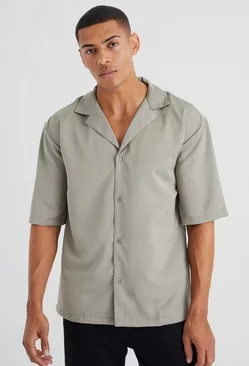 Short Sleeve Drop Revere Satin Shirt Taupe