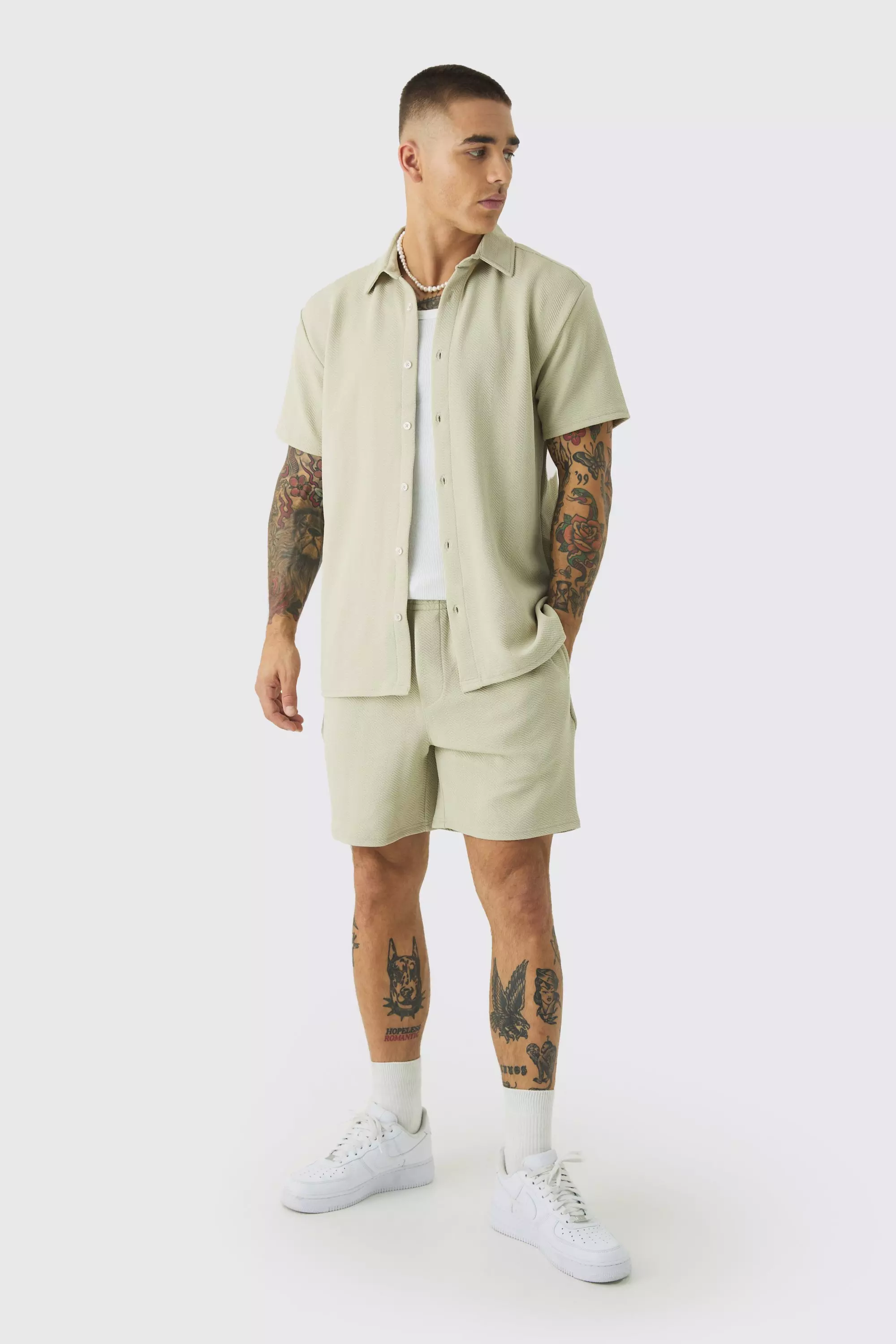 Short Sleeve Jersey Herringbone Shirt And Short Set Stone