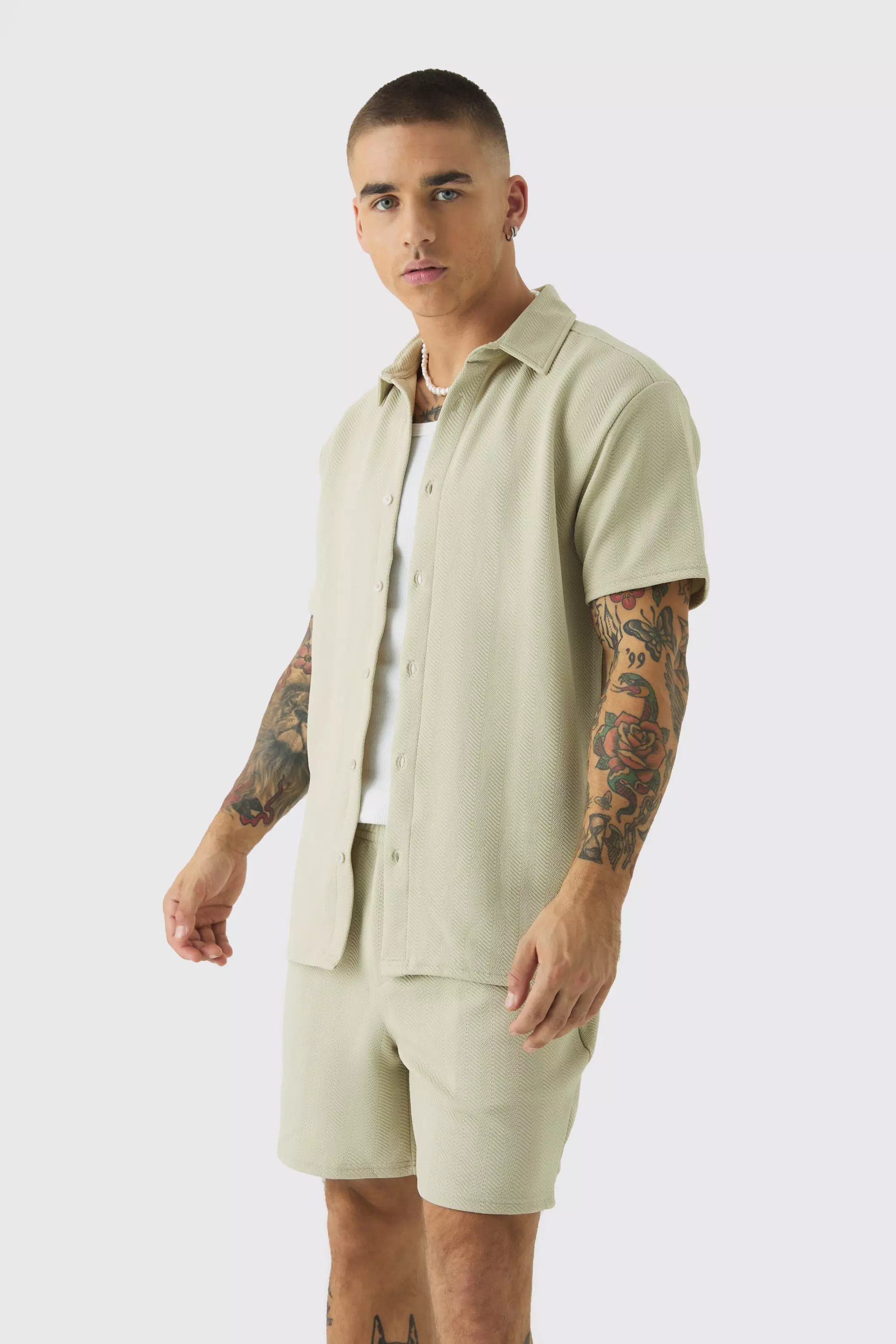 Ensemble en jersey avec chemise et short, Stone autre image