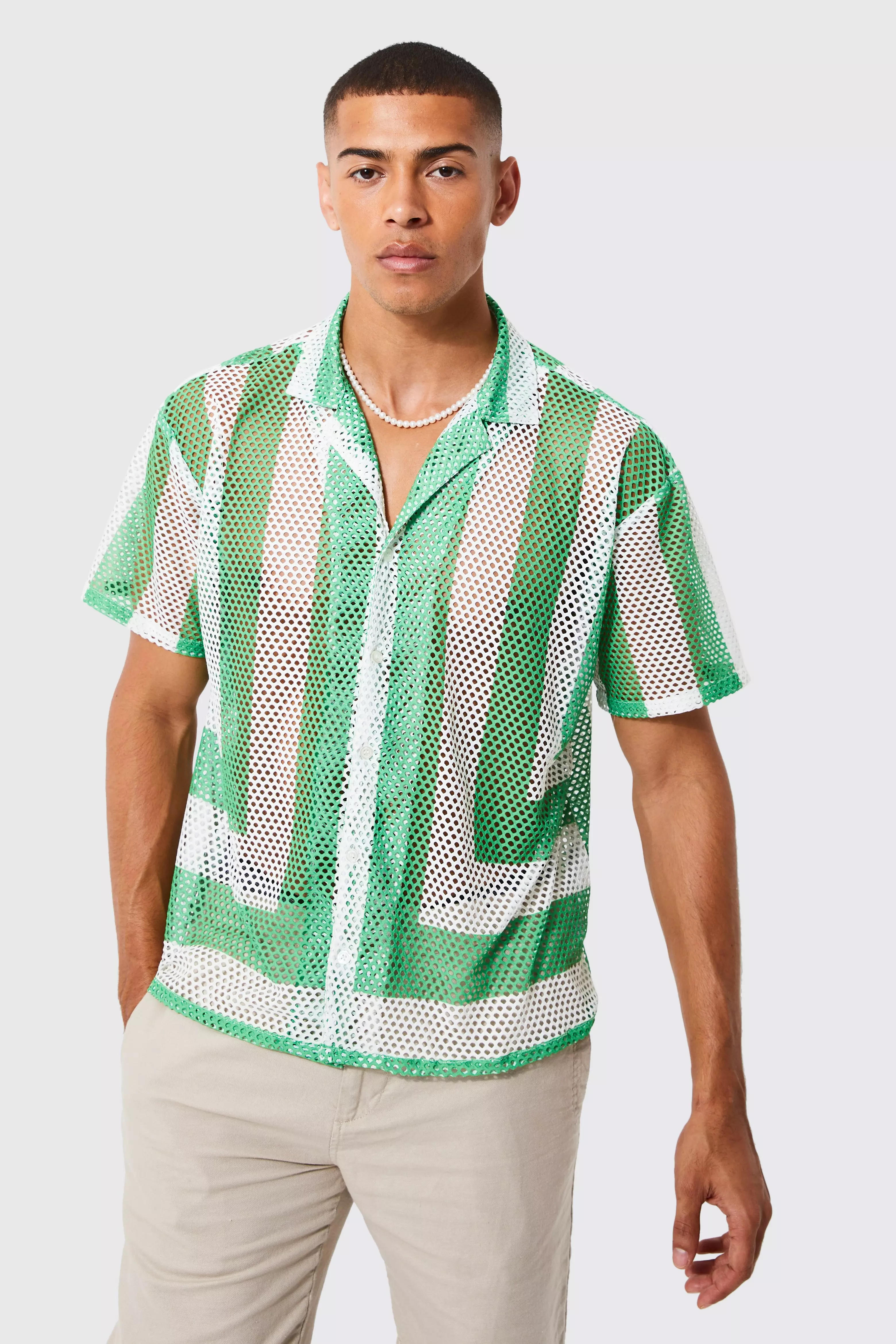 Short Sleeve Boxy Border Crochet Shirt Green