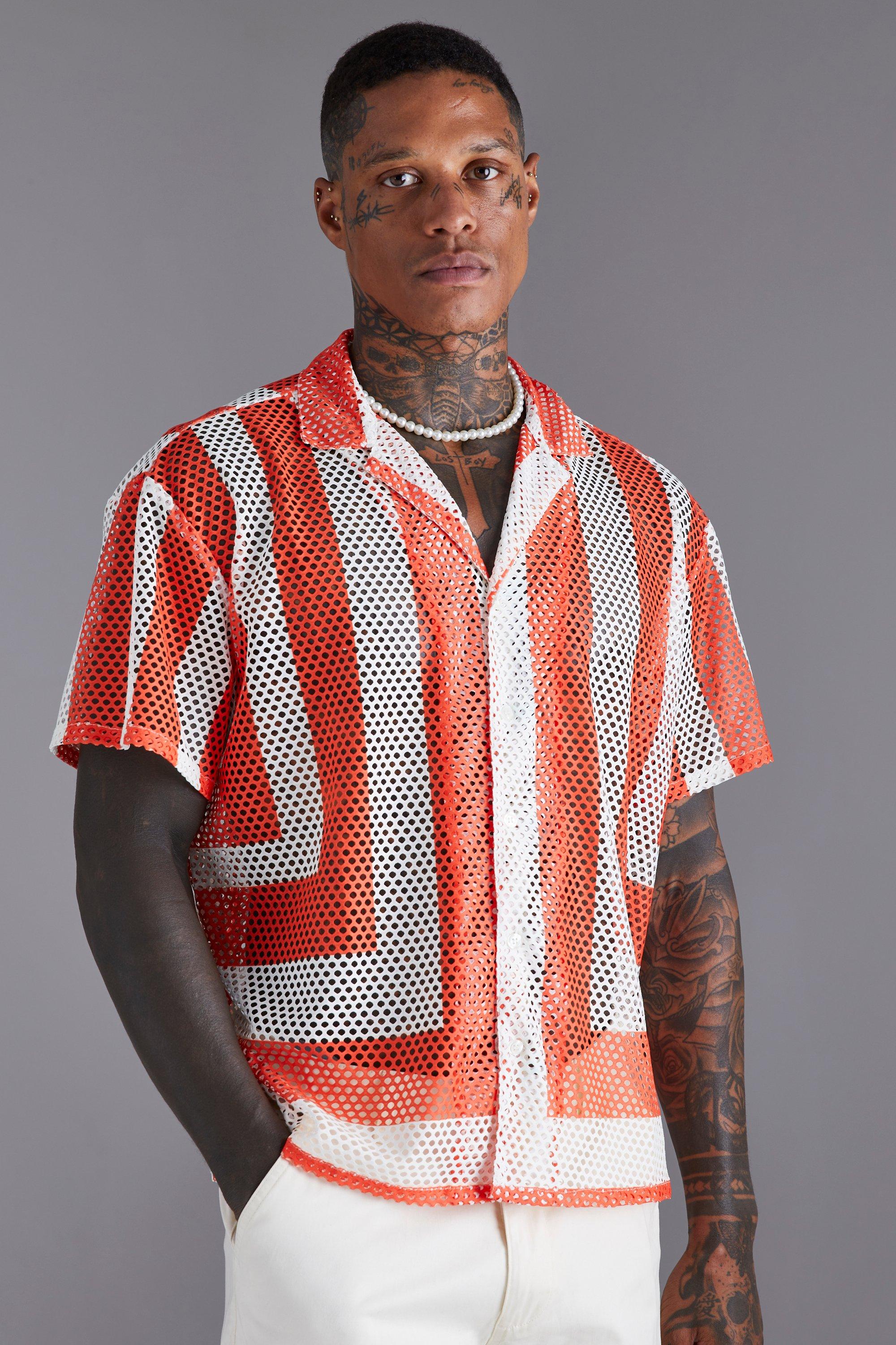 Short Sleeve Boxy Border Crochet Shirt | boohooMAN USA