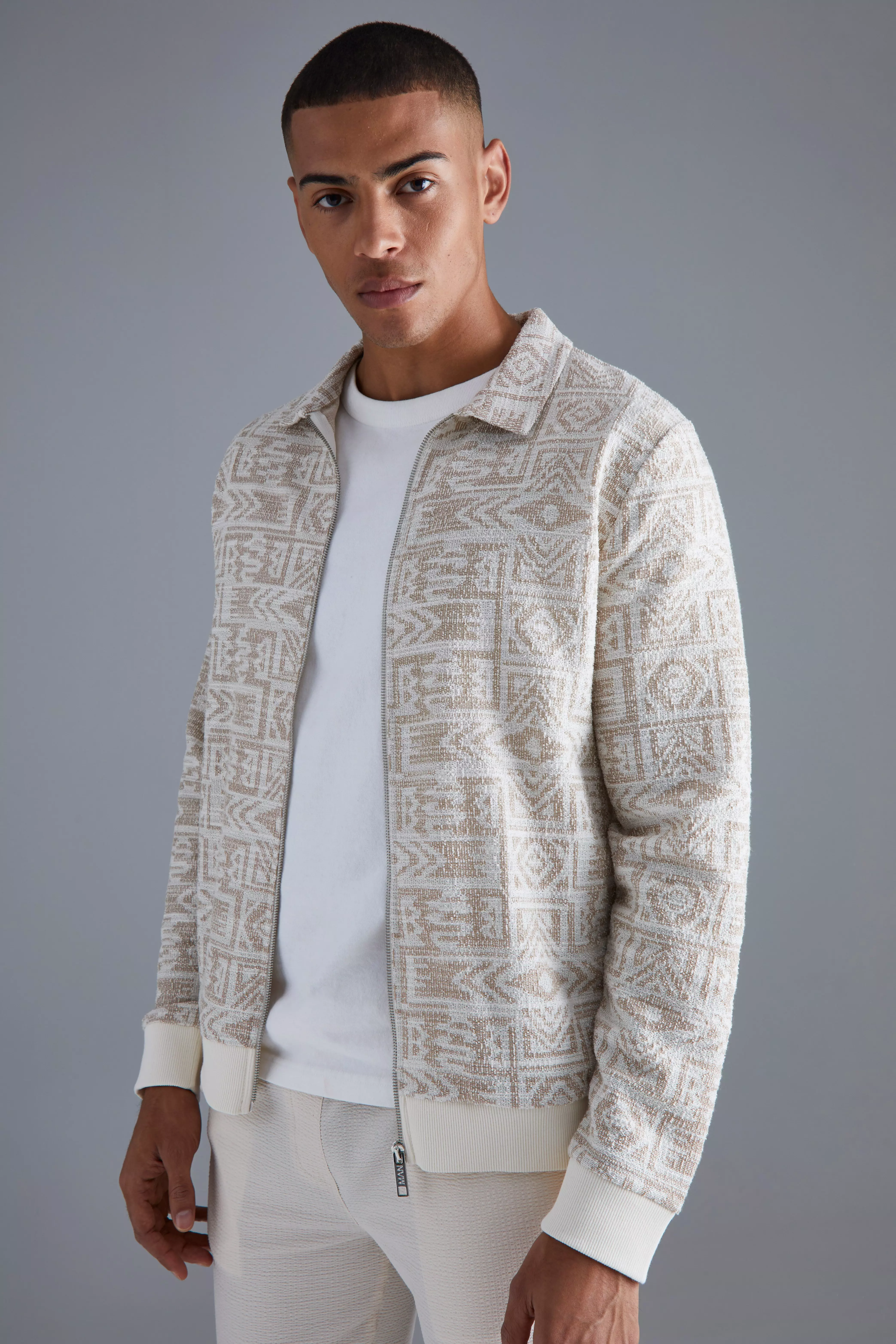 Jacquard Aztec Harrington Jacket Neutral