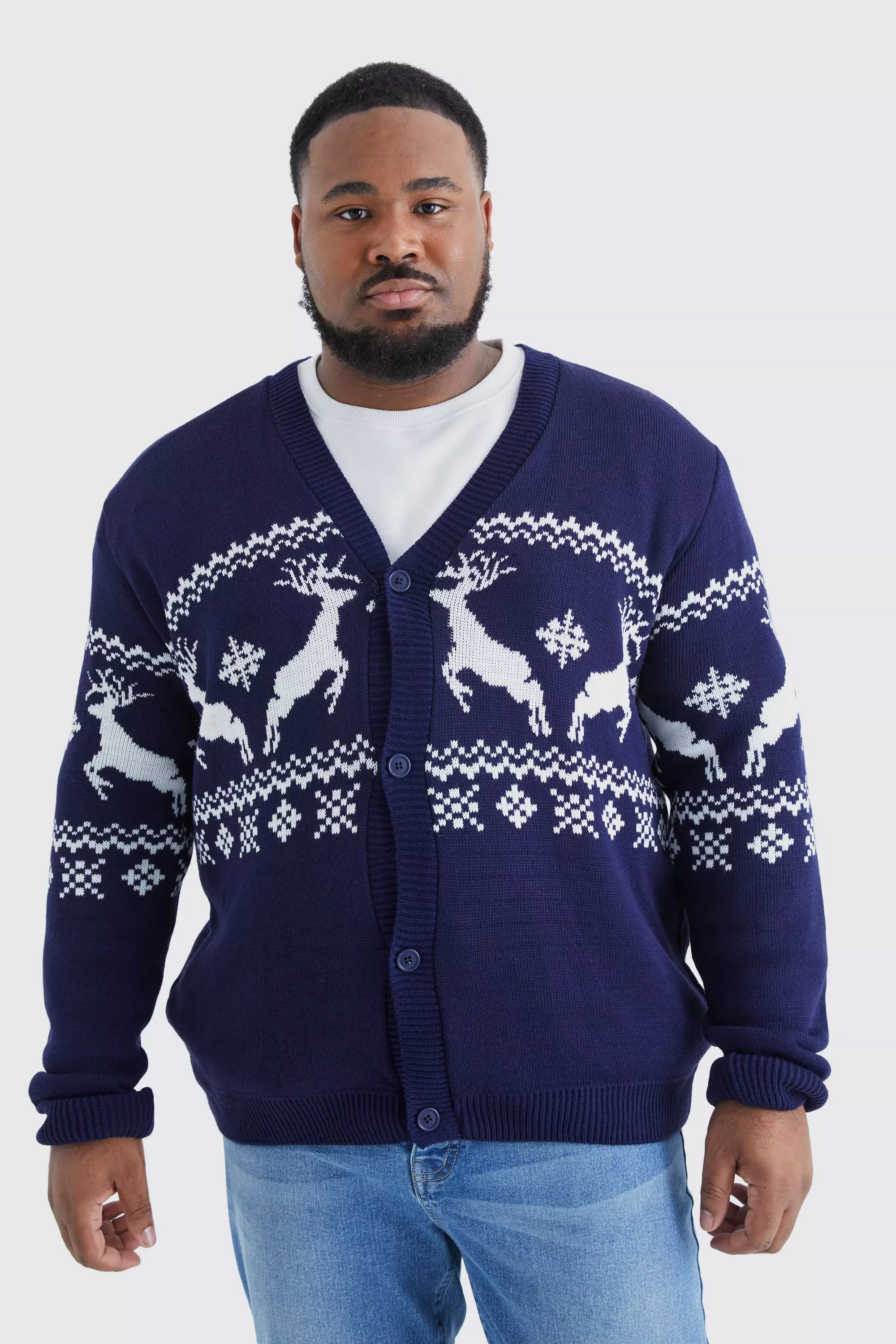 Plus Reindeer Fairisle Christmas Cardigan boohooMAN