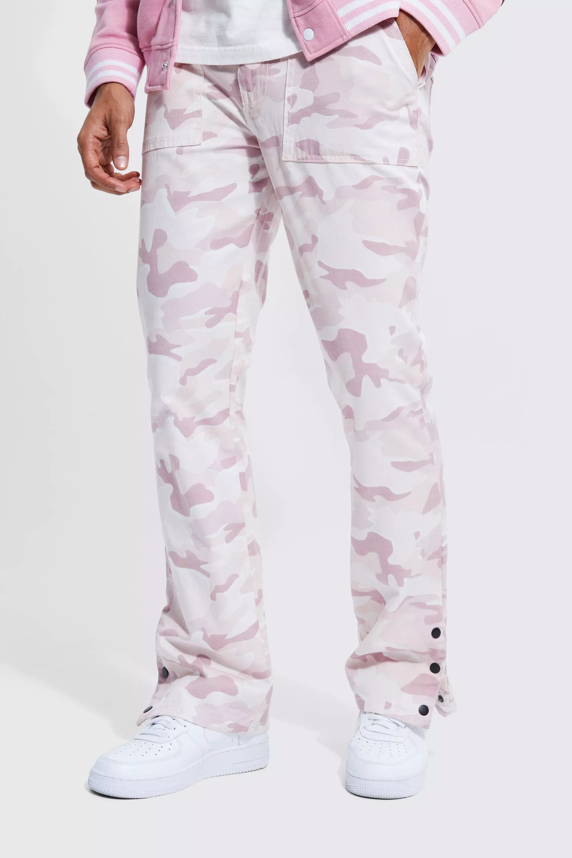 Pink Fixed Waist Slim Flare Cargo Camo Pants