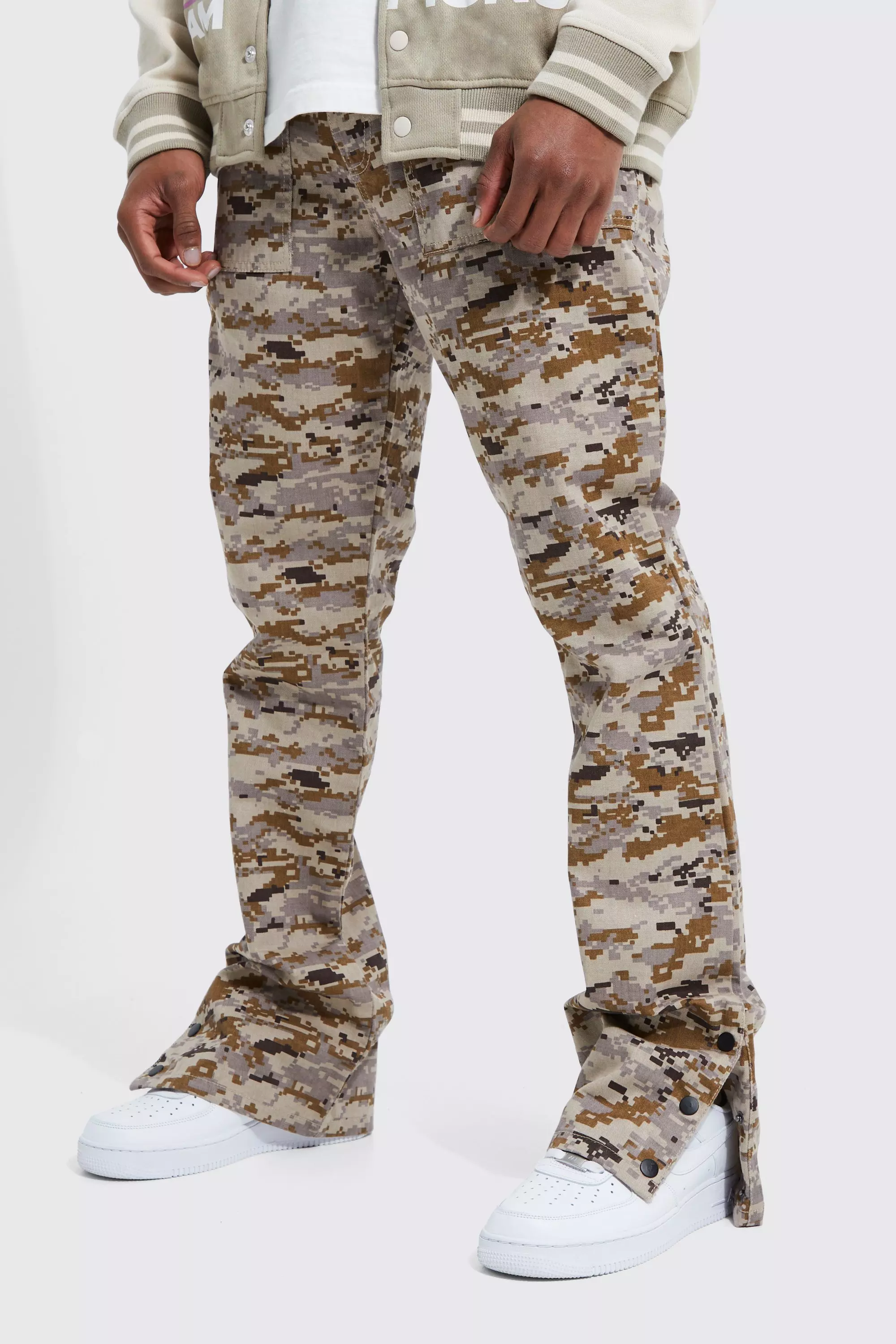 Fixed Waist Slim Flare Cargo Camo Pants Sand