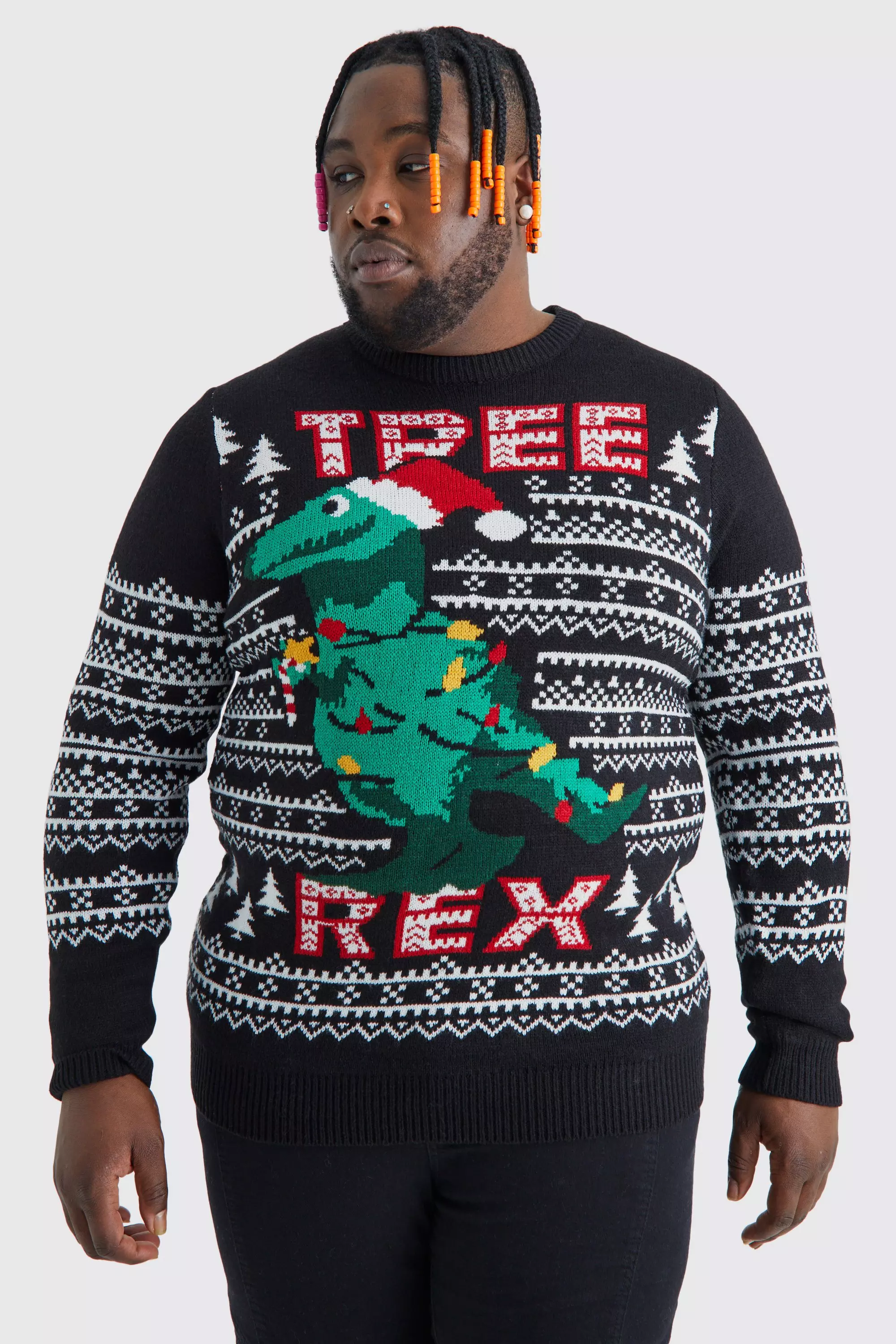 Black Plus Tree Rex Christmas Sweater