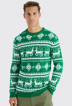 Tall Reindeer Fairisle Christmas Sweater Green